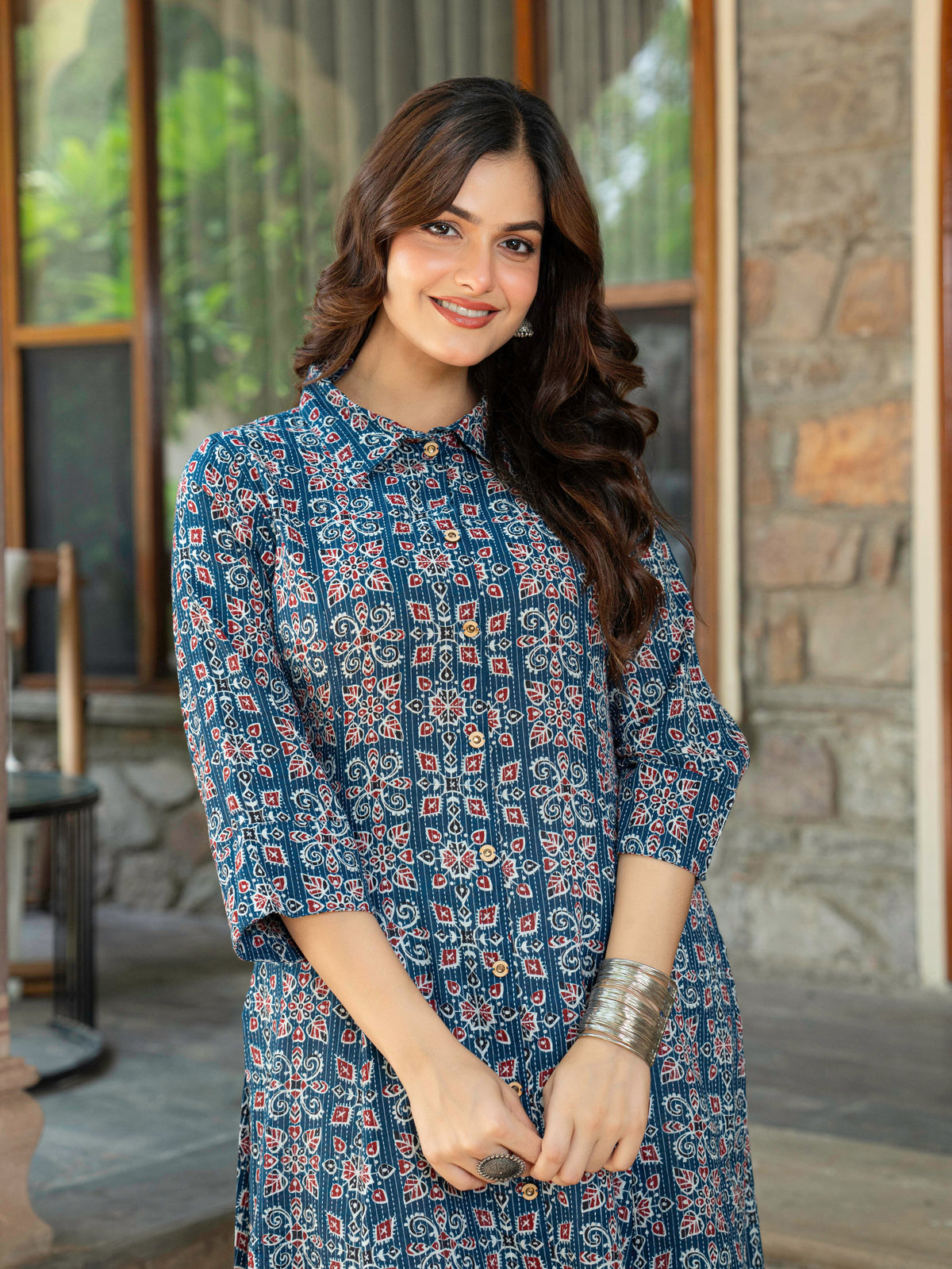 Kantha Cotton Geometric High Low Blue Kurta