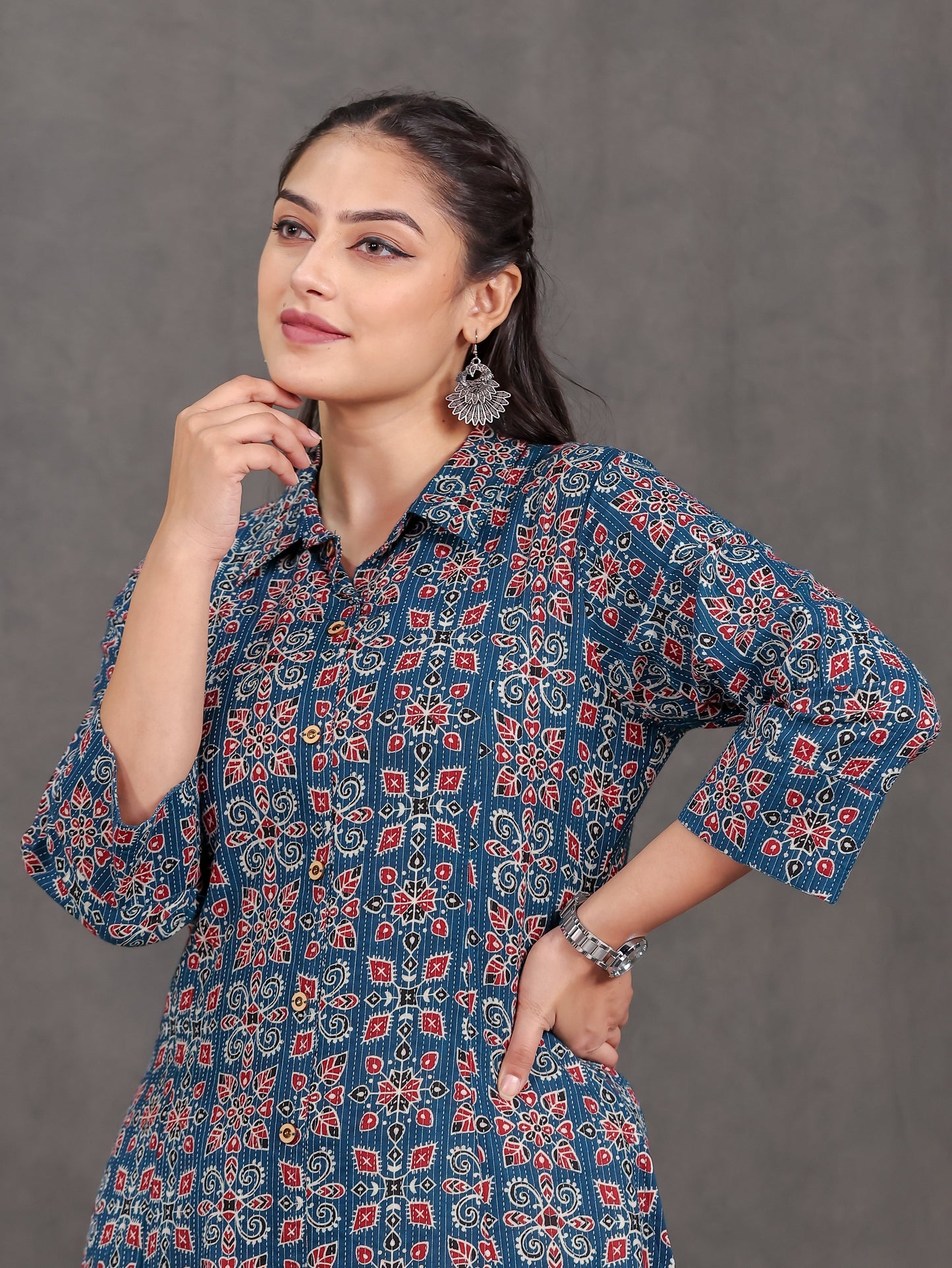 Kantha Cotton Geometric High Low Blue Kurta