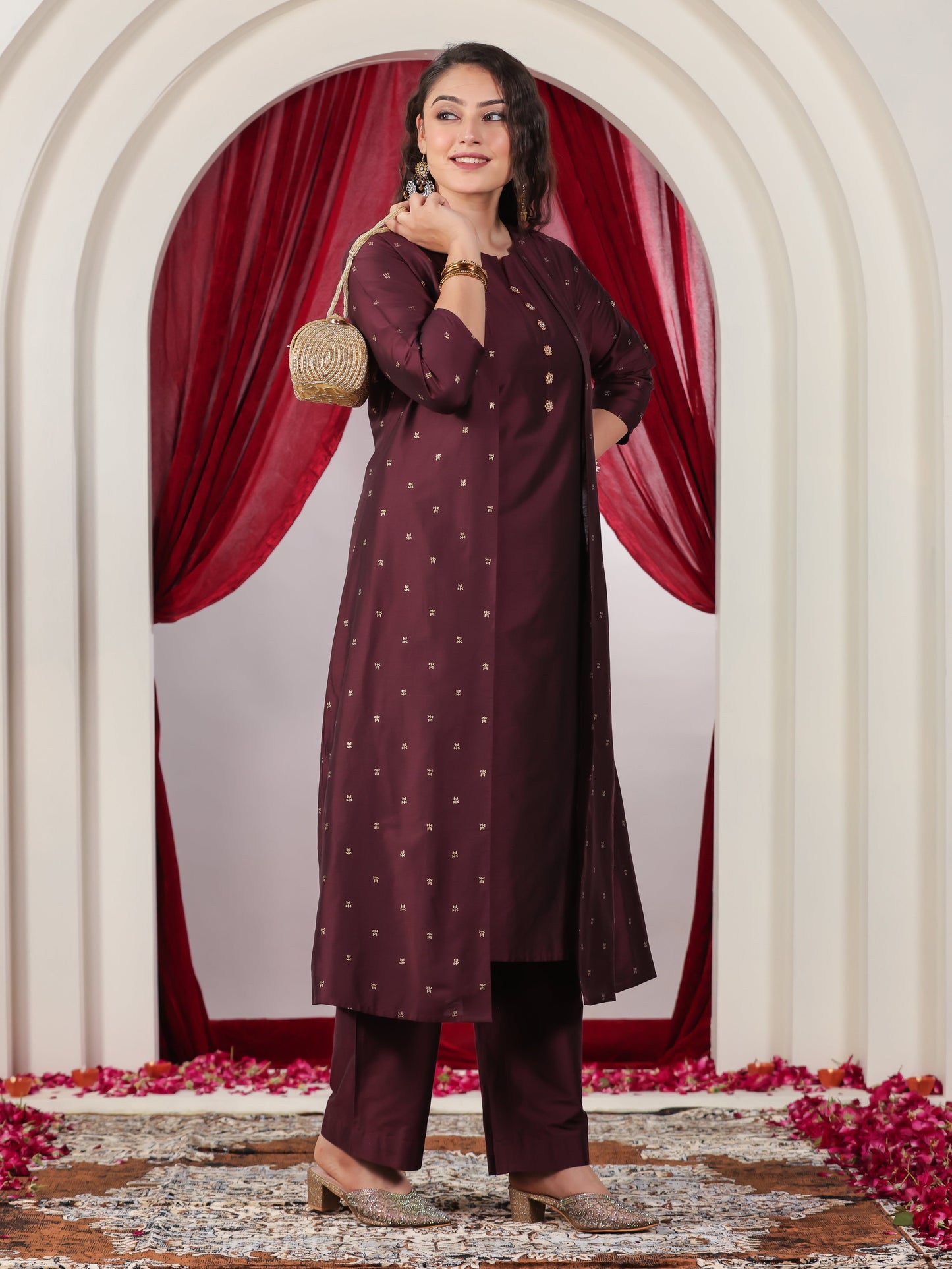 Chanderi Gold foil Wine Shrug