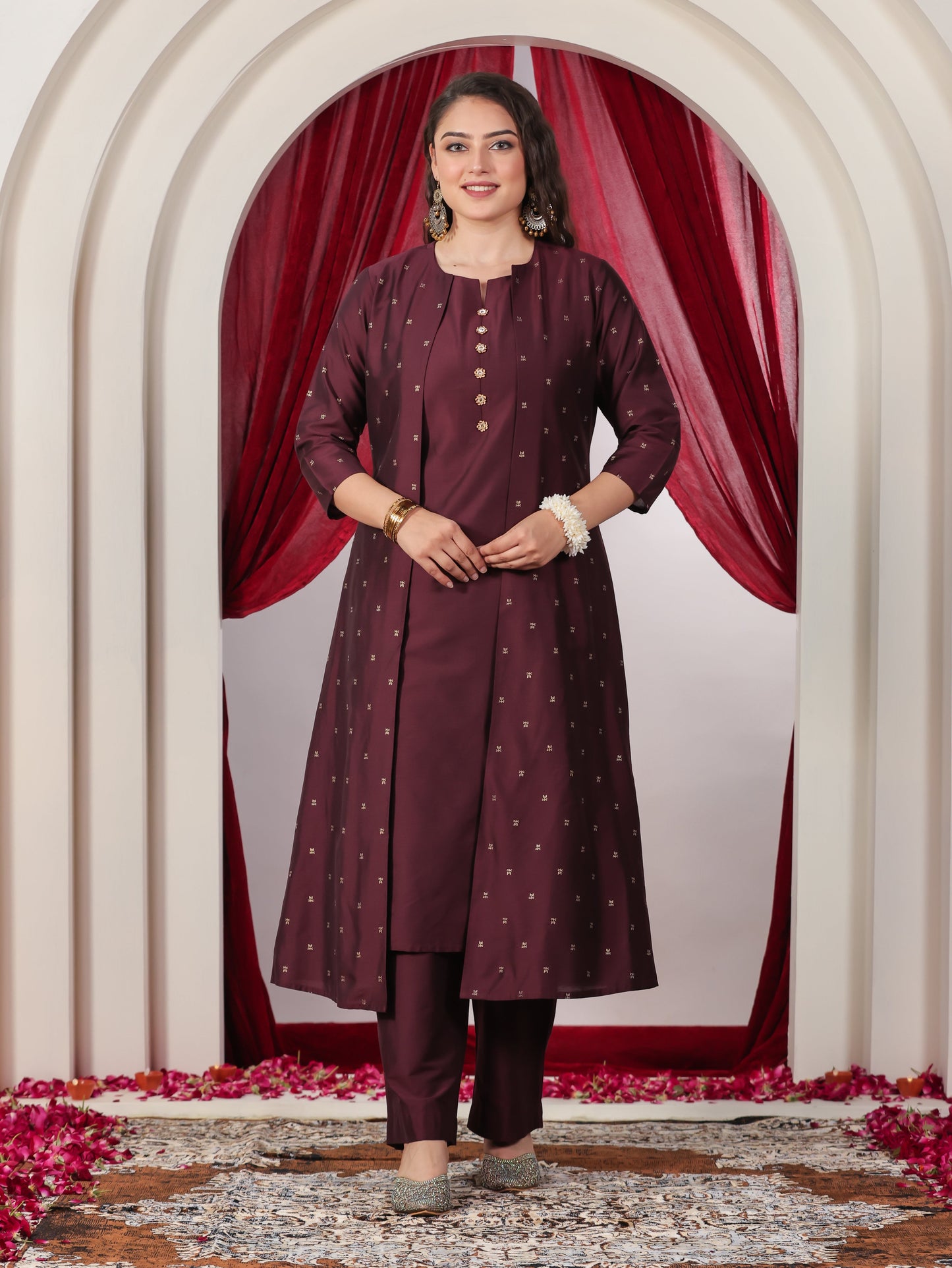Chanderi Gold foil Wine Shrug