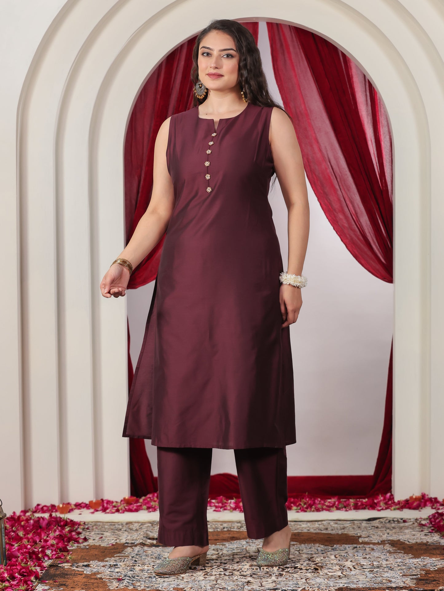 Chanderi Solid A-line Wine Kurta