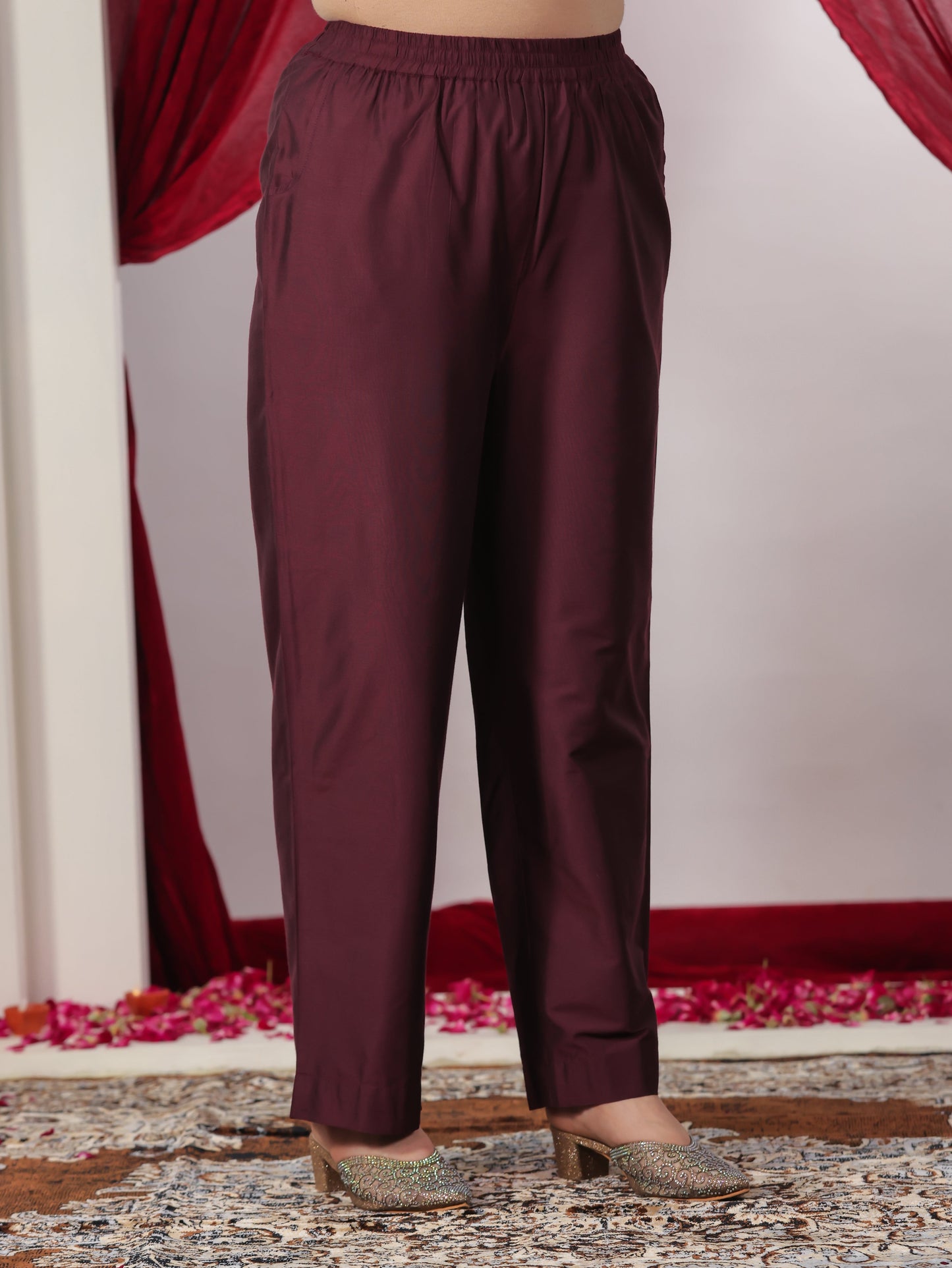 Chanderi Solid A-line Wine Kurta