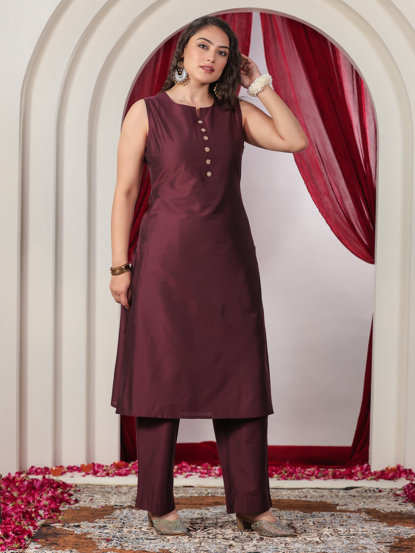 Chanderi Solid A-line Wine Kurta