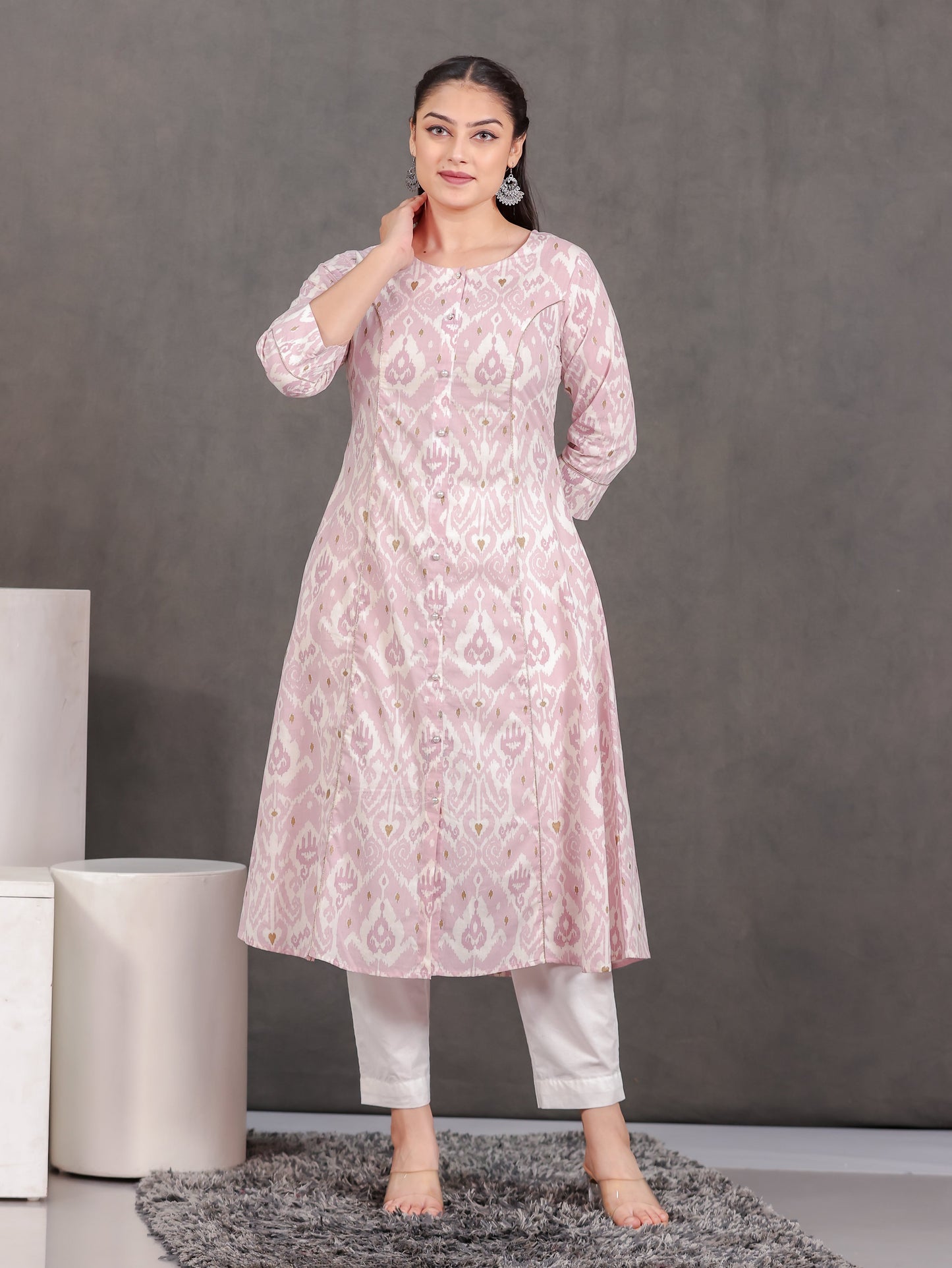 Soft Cotton Ikat Flared Pink Kurta