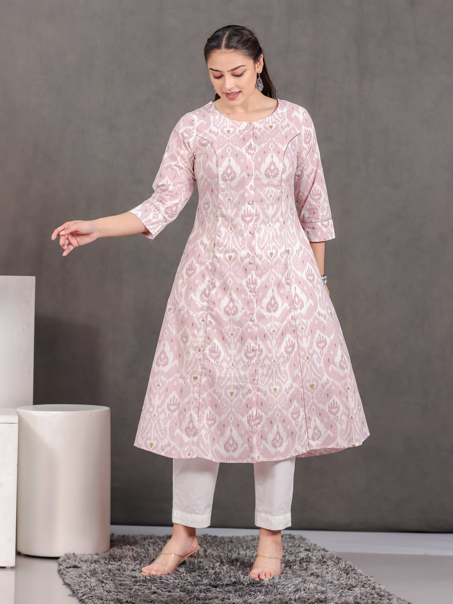 Soft Cotton Ikat Flared Pink Kurta