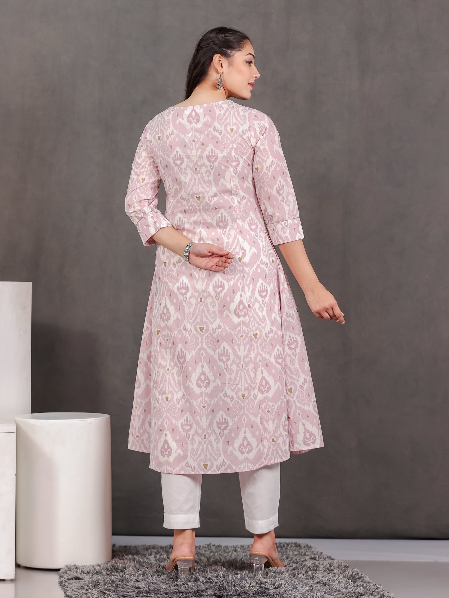 Soft Cotton Ikat Flared Pink Kurta