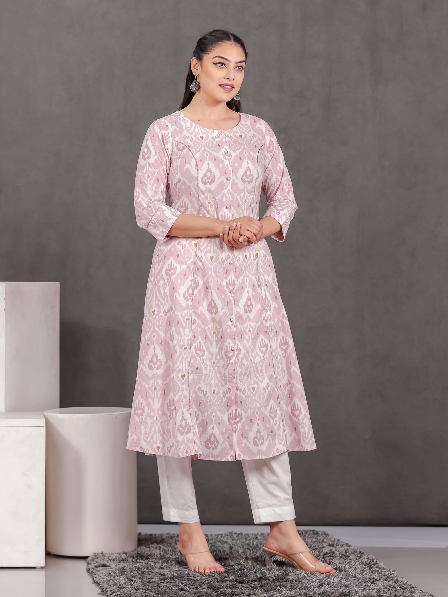 Soft Cotton Ikat Flared Pink Kurta