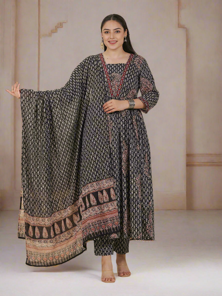 Embroidered Kantha Cotton Paisley Flared Black Kurta