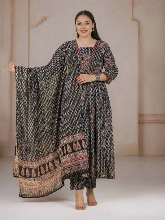 Embroidered Kantha Cotton Paisley Flared Black Kurta