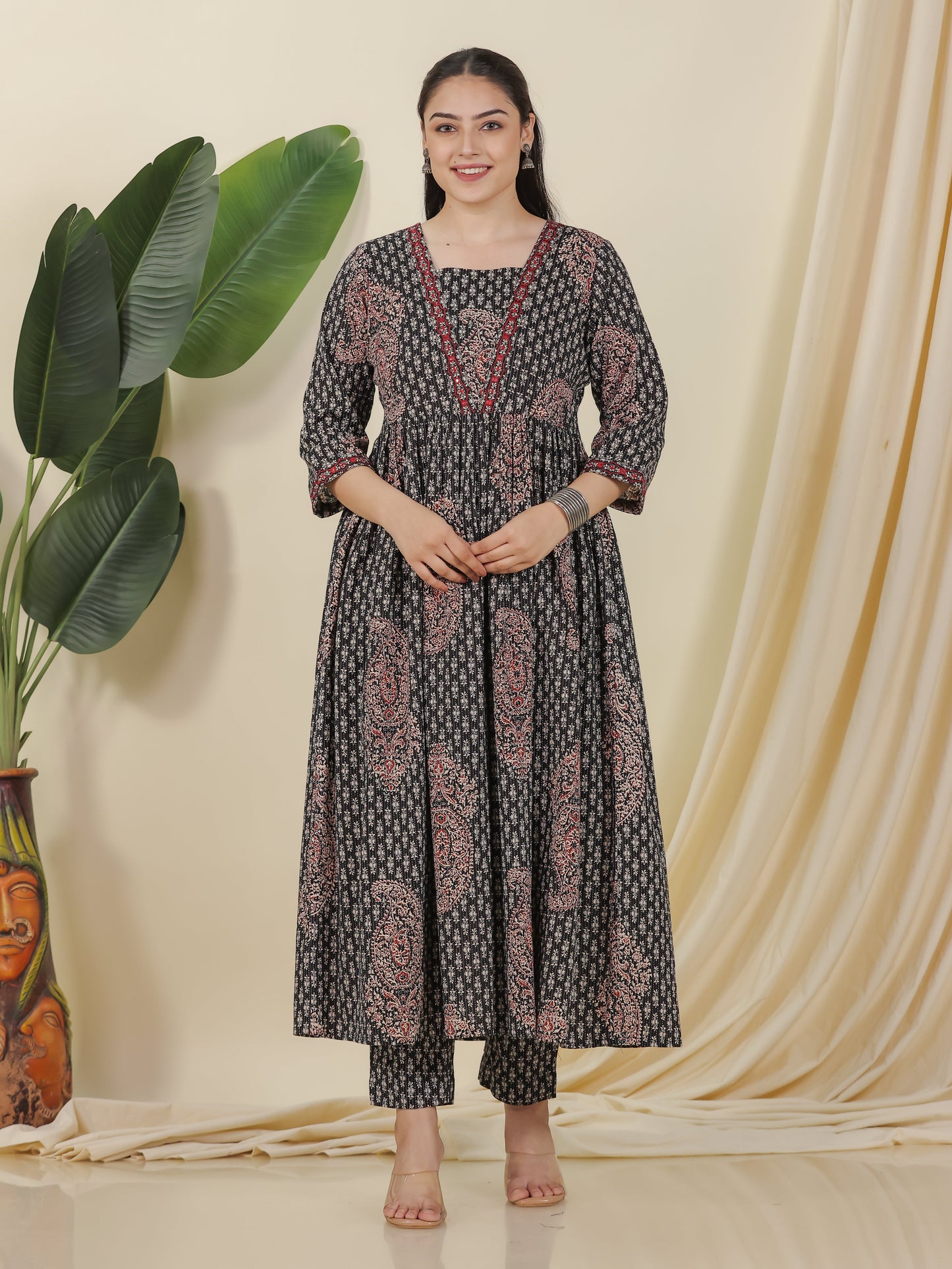 Embroidered Kantha Cotton Paisley Flared Black Kurta