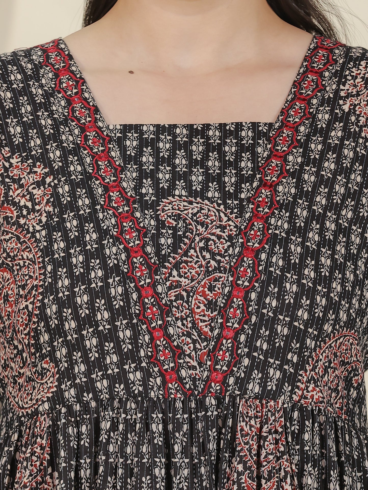 Embroidered Kantha Cotton Paisley Flared Black Kurta