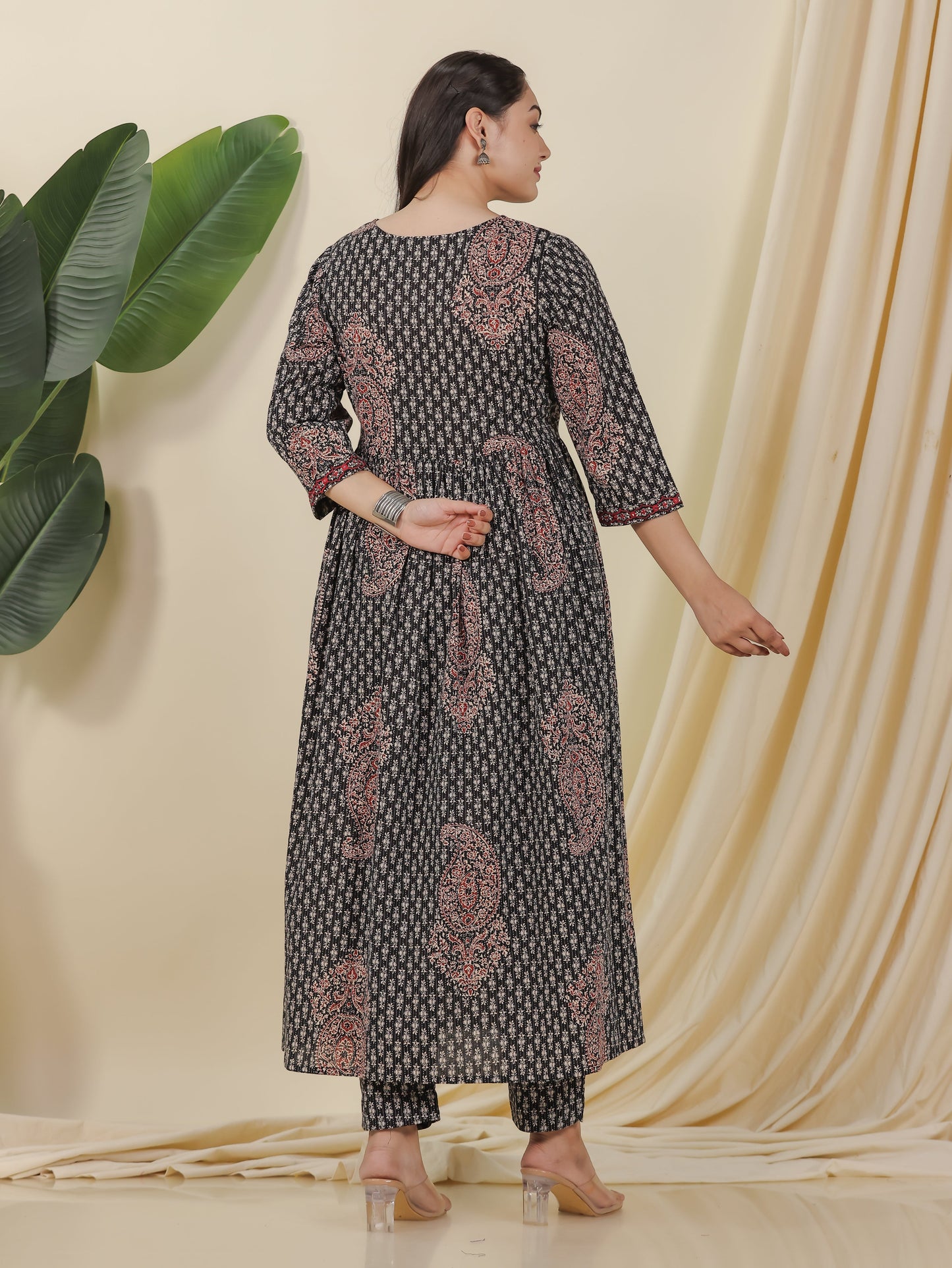 Embroidered Kantha Cotton Paisley Flared Black Kurta