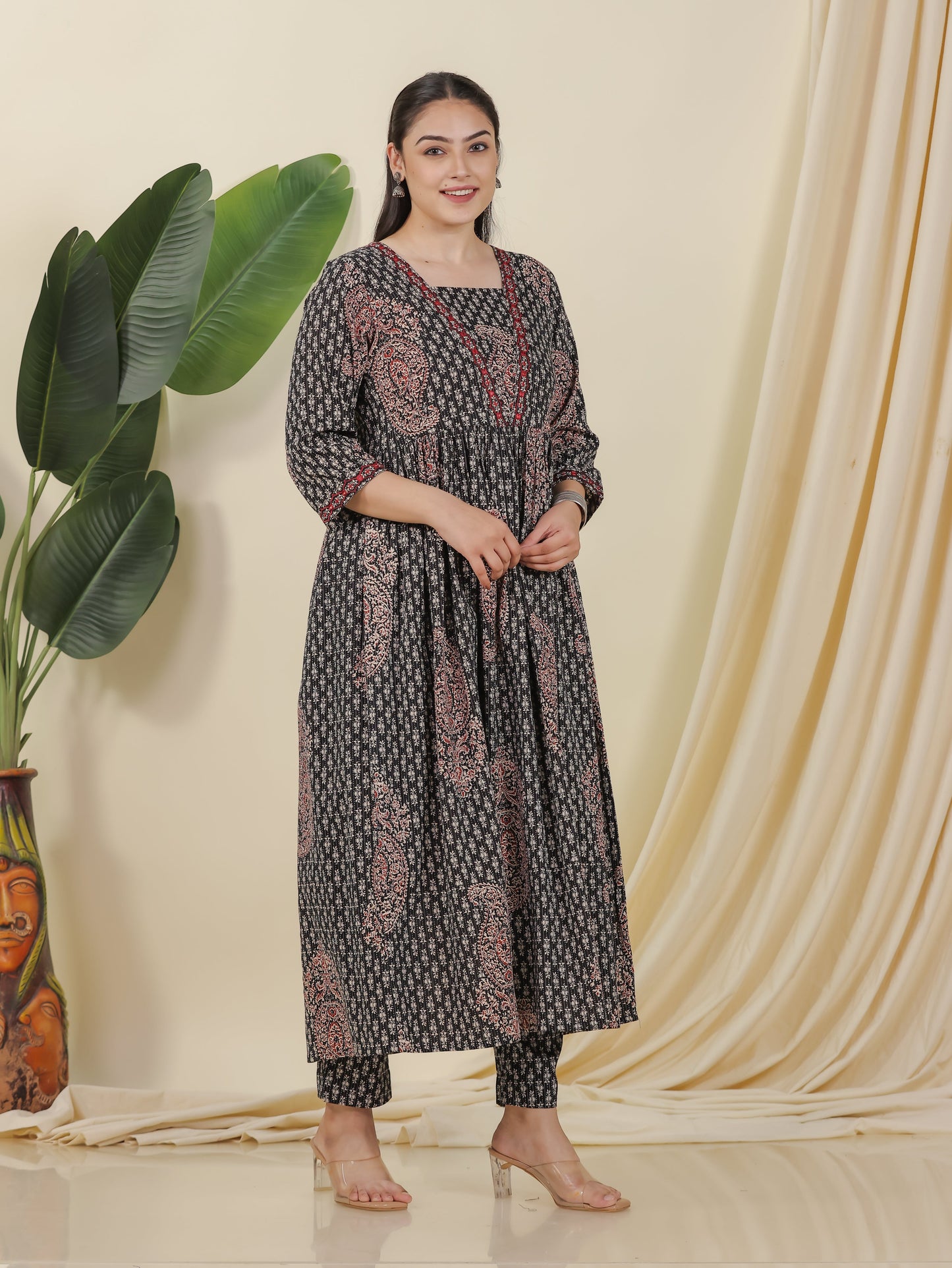 Embroidered Kantha Cotton Paisley Flared Black Kurta