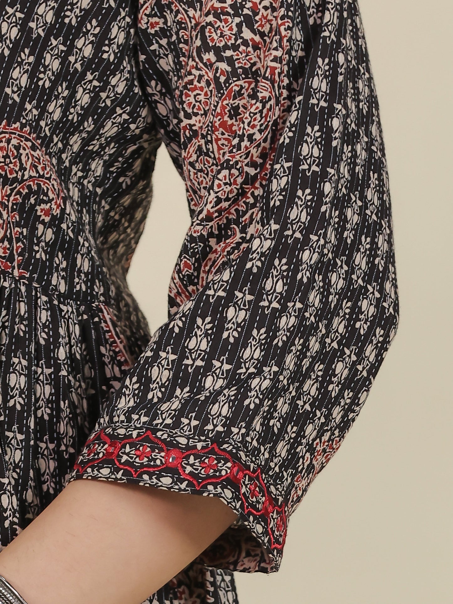 Embroidered Kantha Cotton Paisley Flared Black Kurta