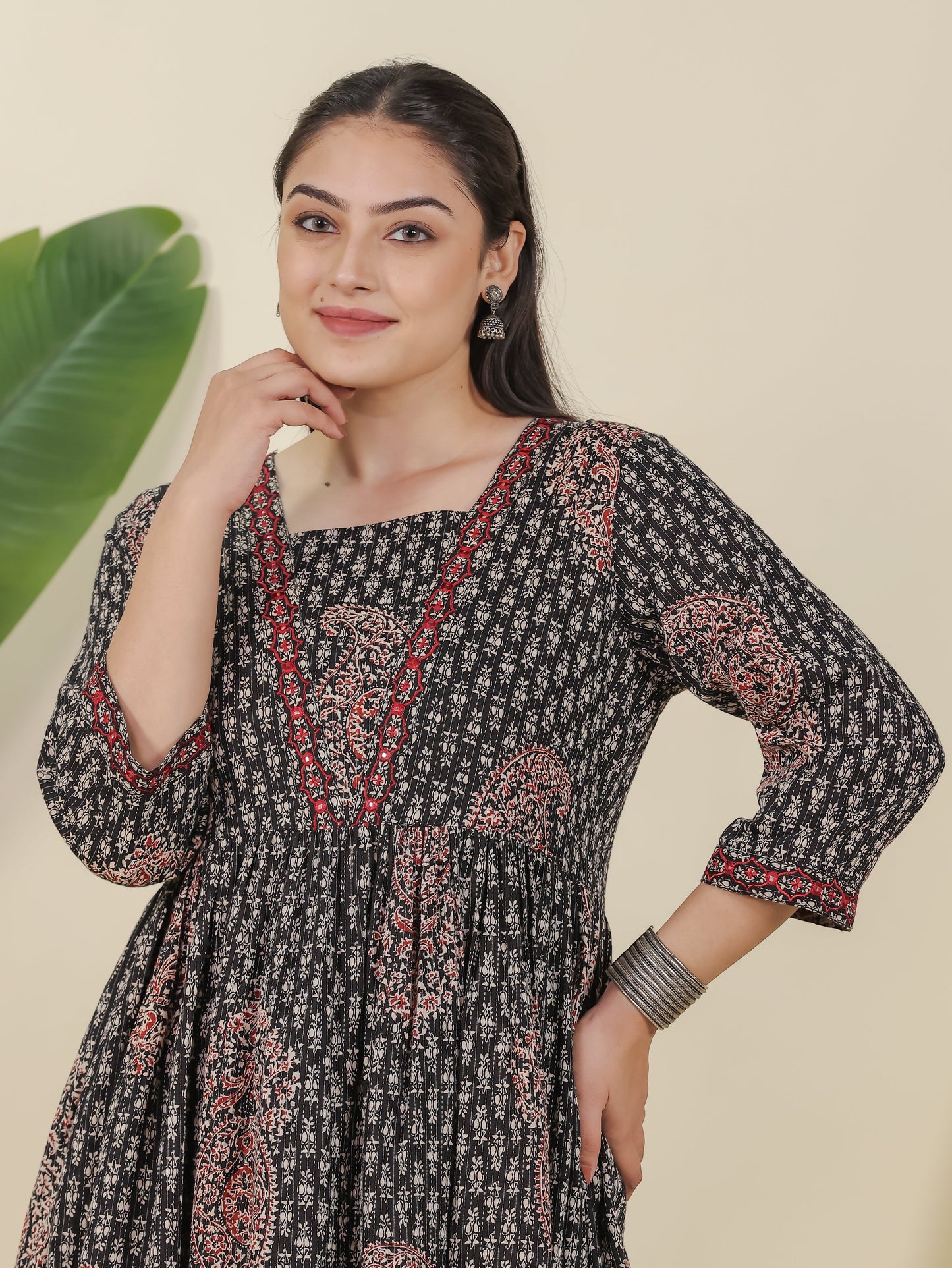 Embroidered Kantha Cotton Paisley Flared Black Kurta