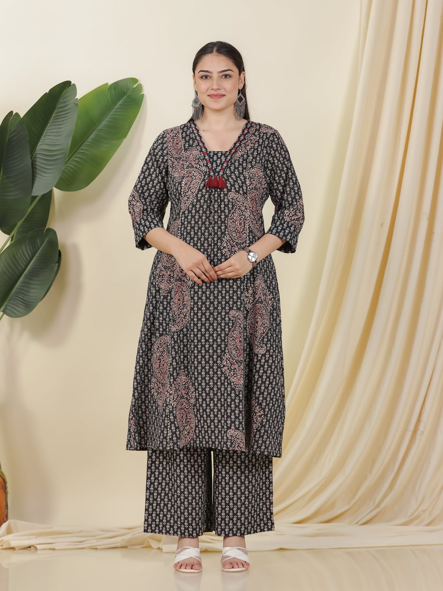 Embroidered Kantha Cotton Paisley Flared Black Kurta