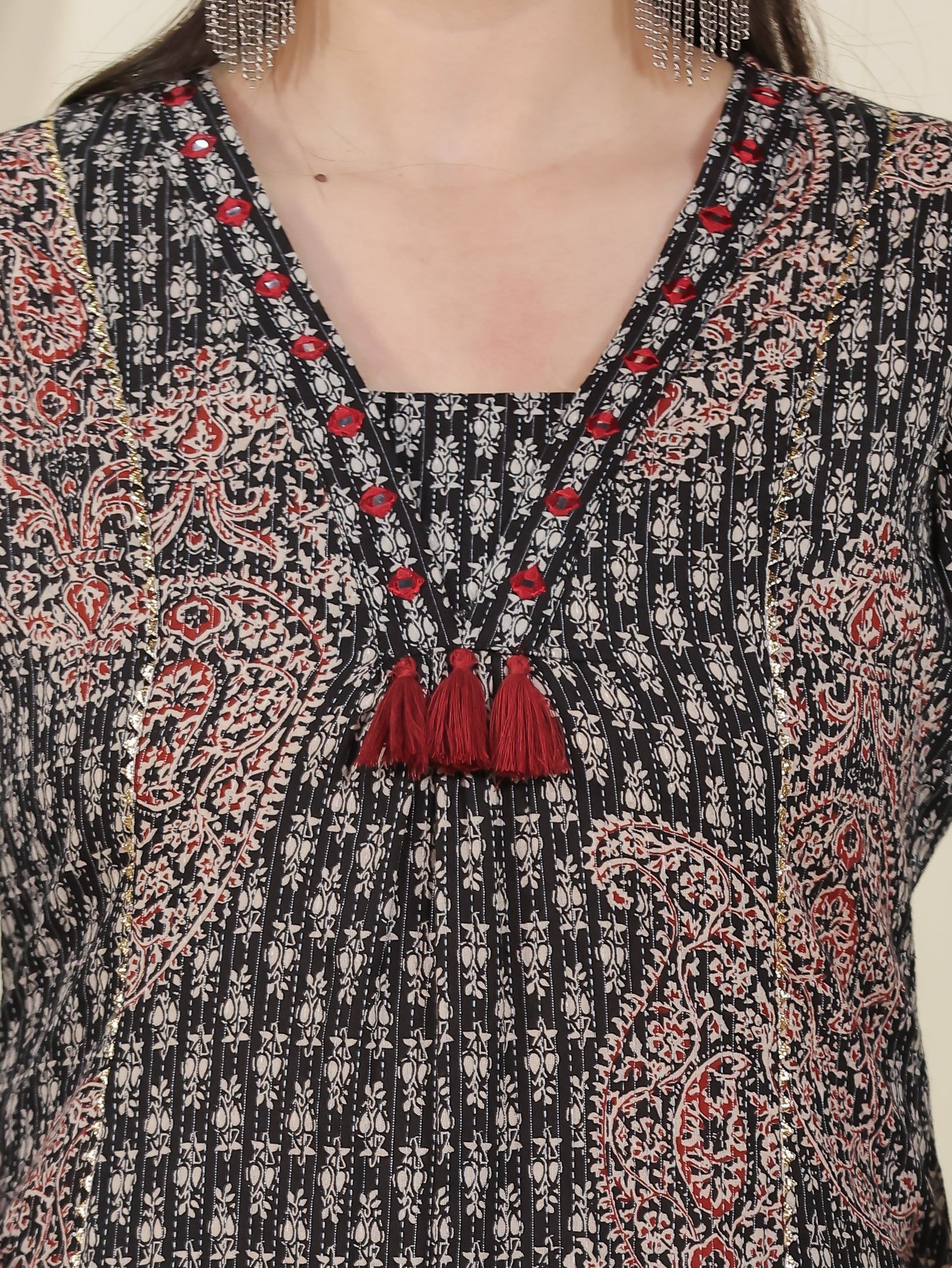 Embroidered Kantha Cotton Paisley Flared Black Kurta