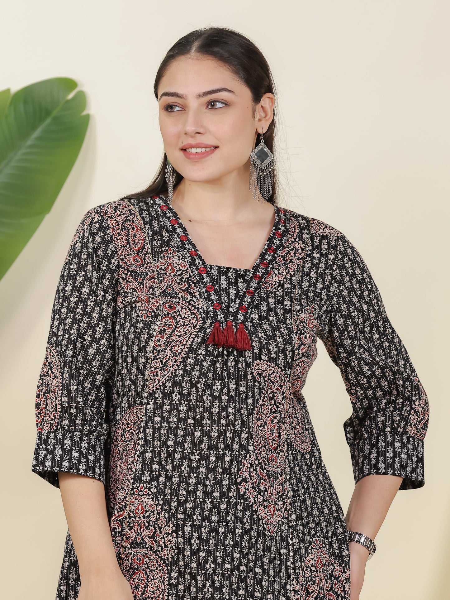 Embroidered Kantha Cotton Paisley Flared Black Kurta