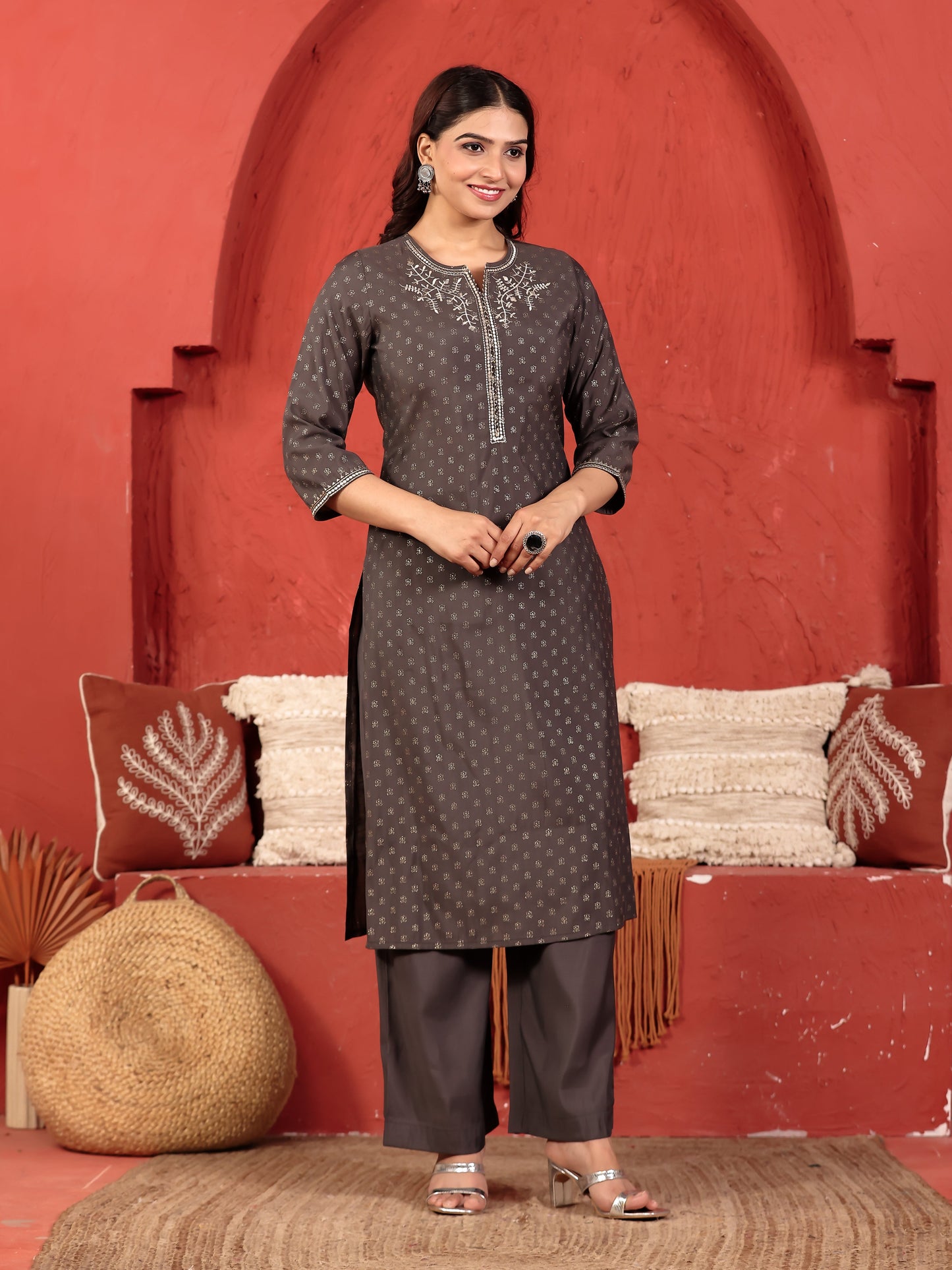 Embroidered Chanderi Gold foil Straight Grey Kurta