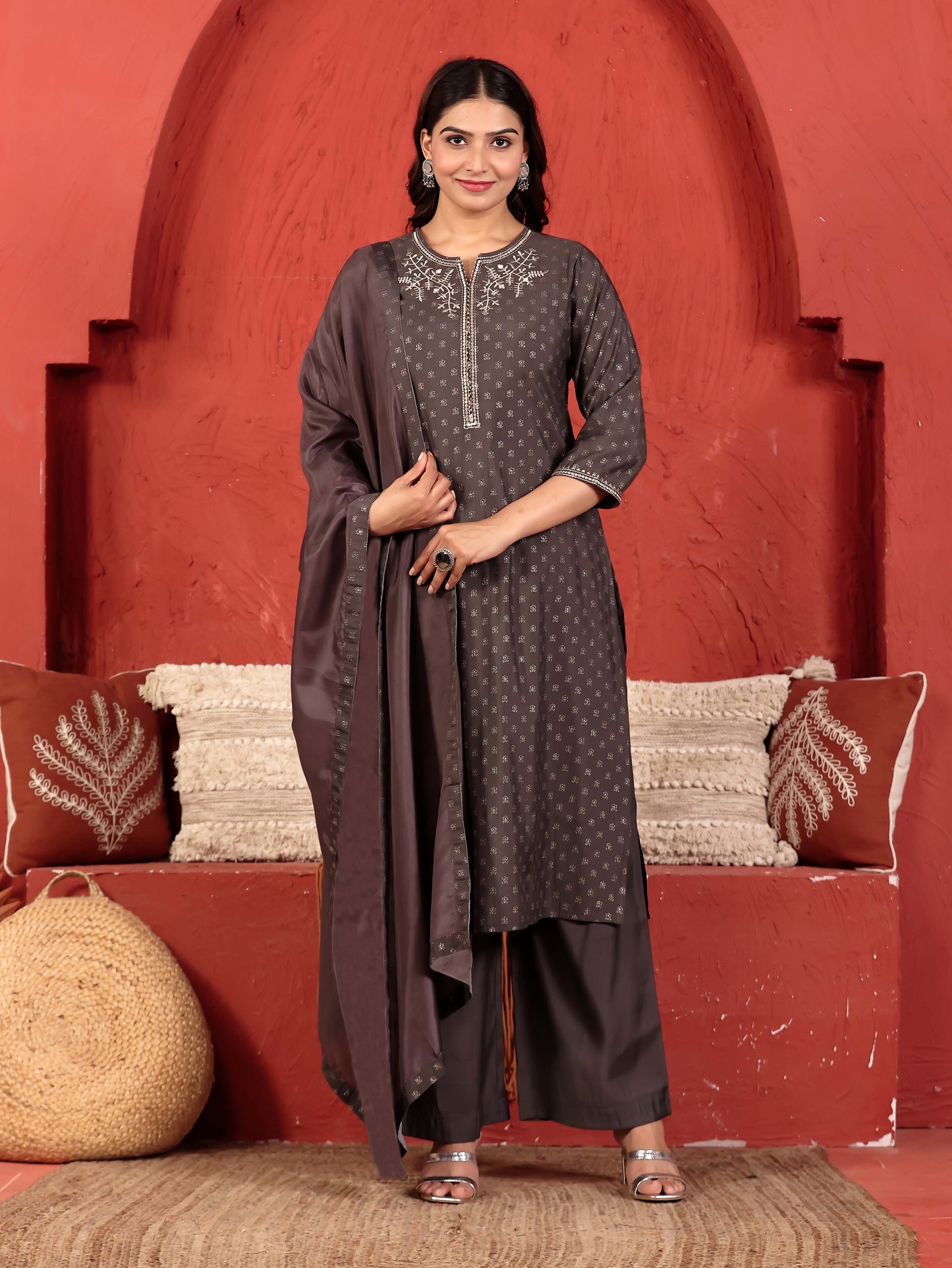 Embroidered Chanderi Gold foil Straight Grey Kurta