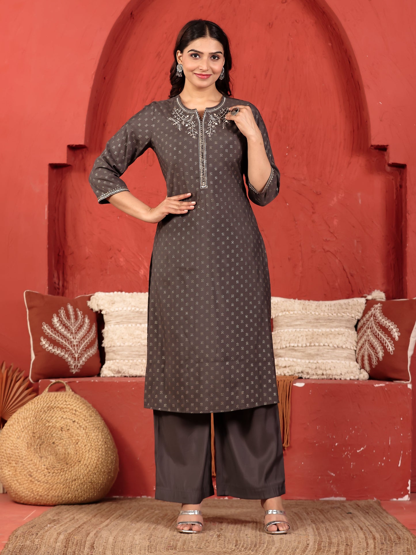 Embroidered Chanderi Gold foil Straight Grey Kurta