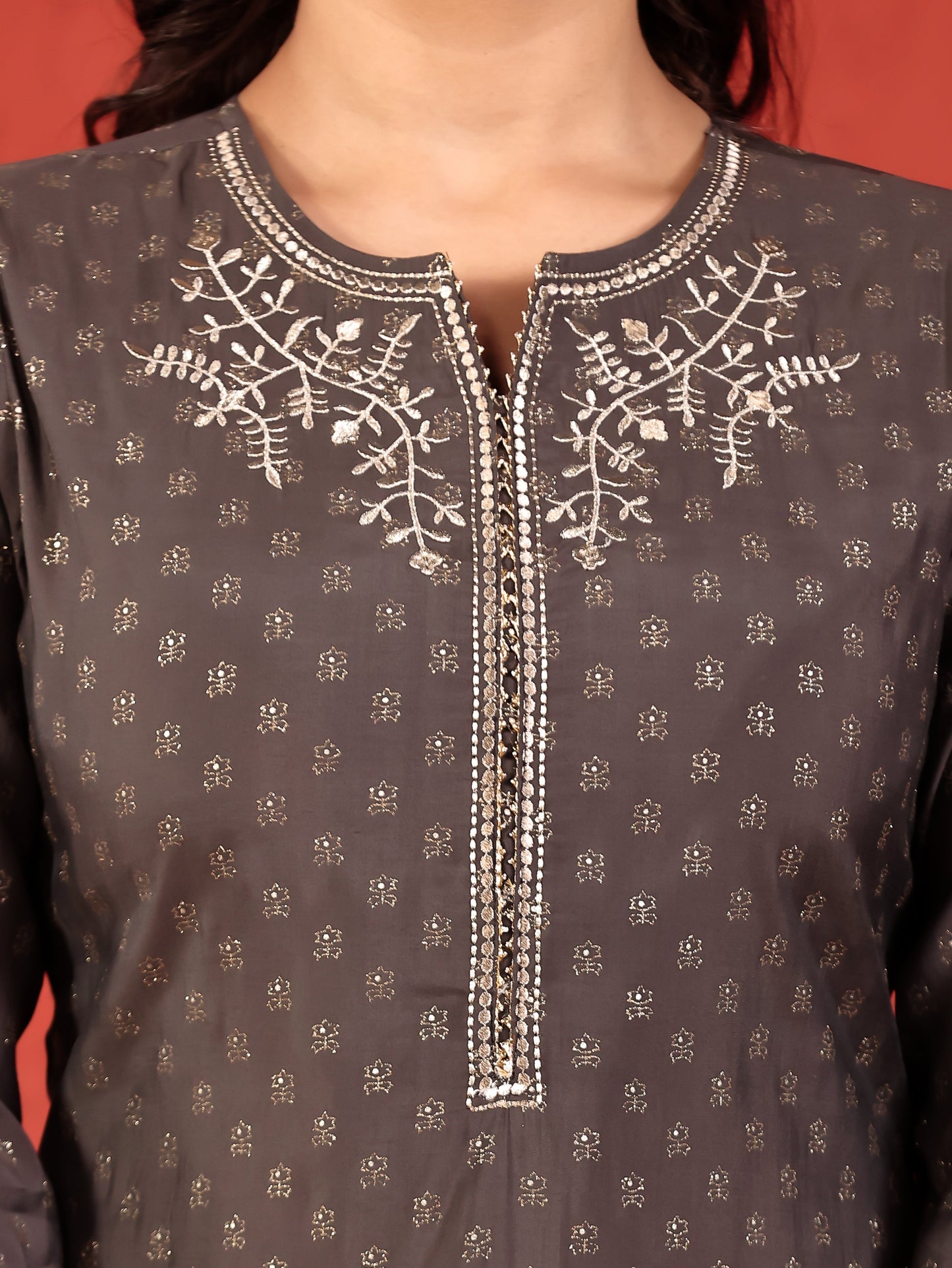 Embroidered Chanderi Gold foil Straight Grey Kurta