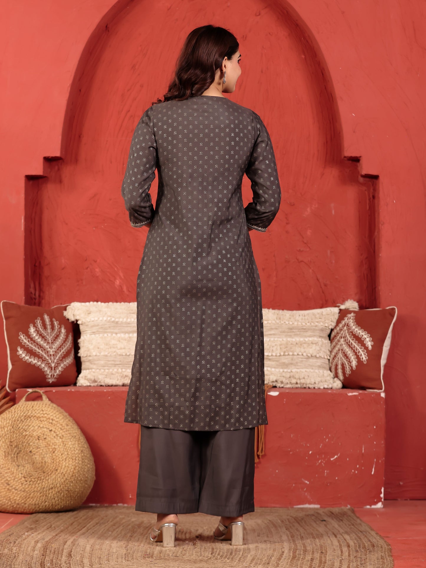 Embroidered Chanderi Gold foil Straight Grey Kurta