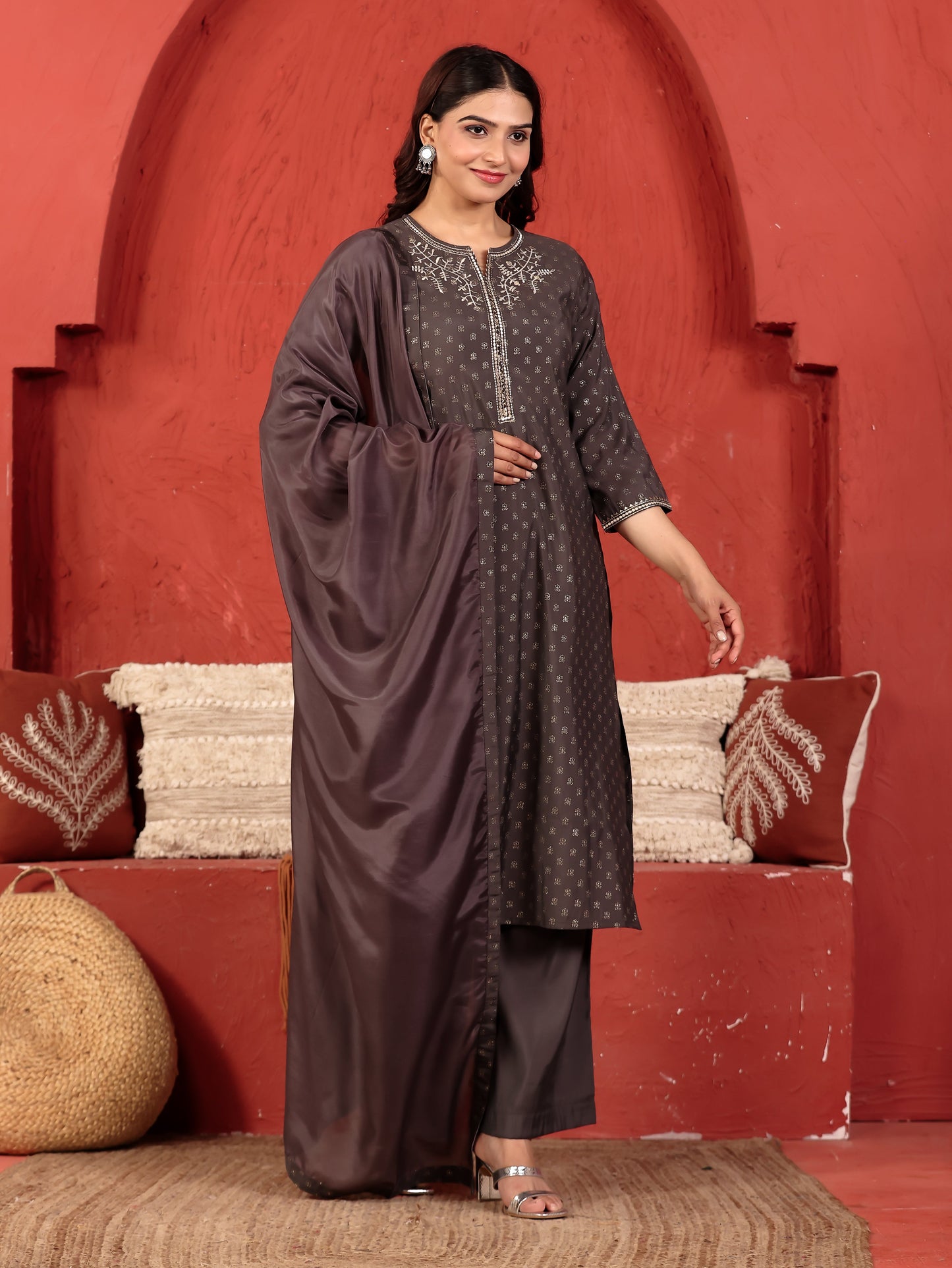 Embroidered Chanderi Gold foil Straight Grey Kurta