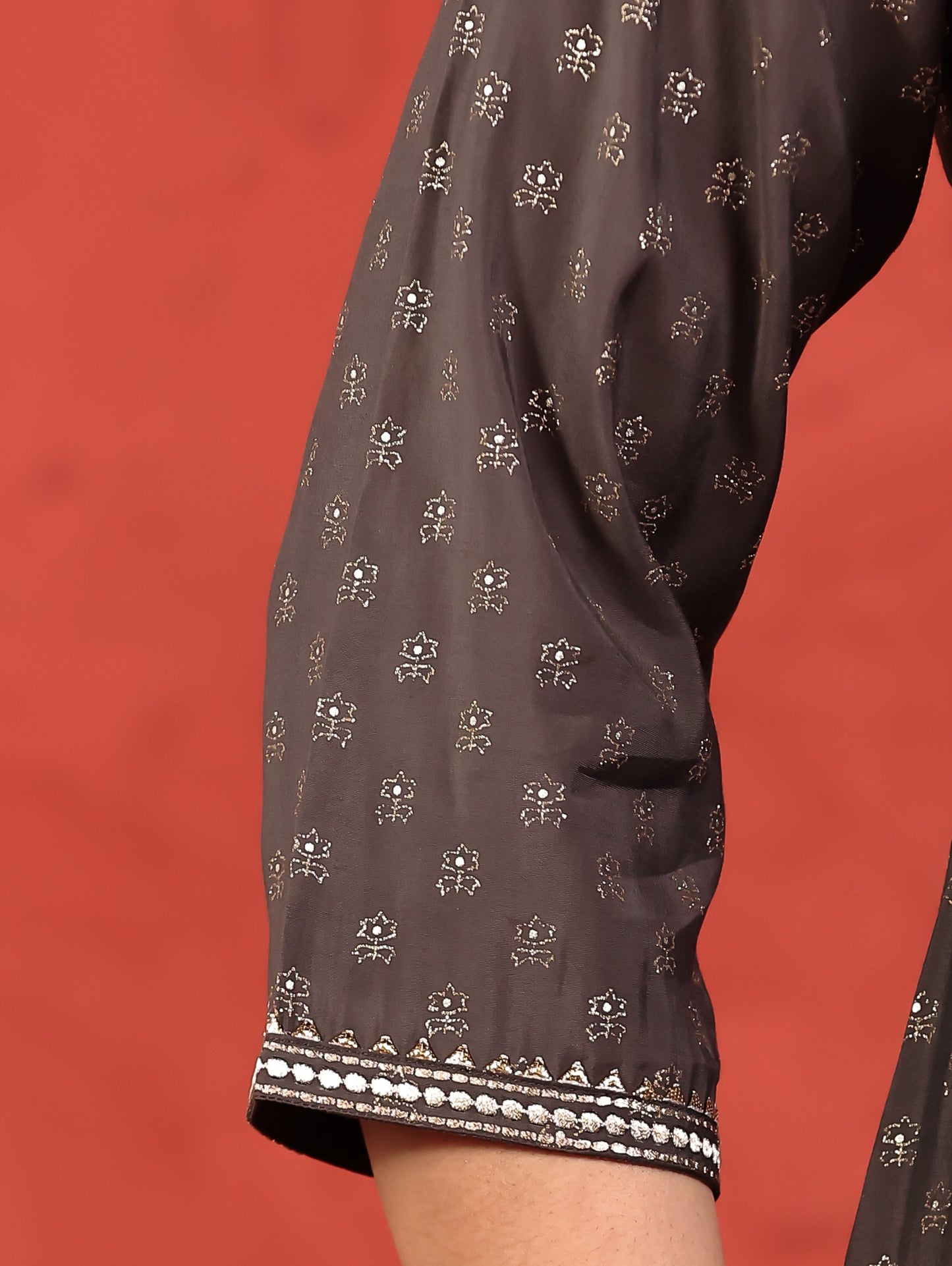 Embroidered Chanderi Gold foil Straight Grey Kurta