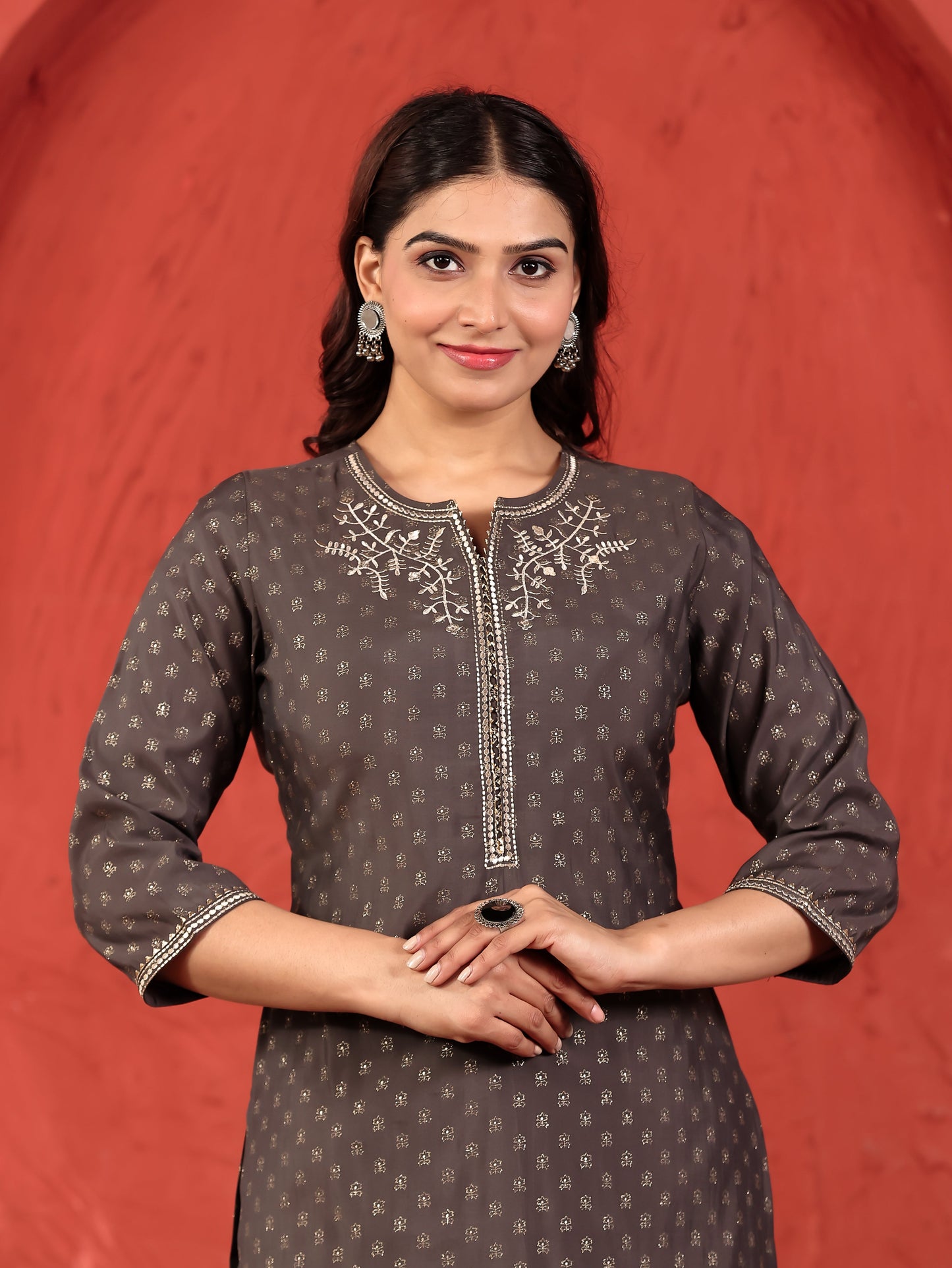 Embroidered Chanderi Gold foil Straight Grey Kurta