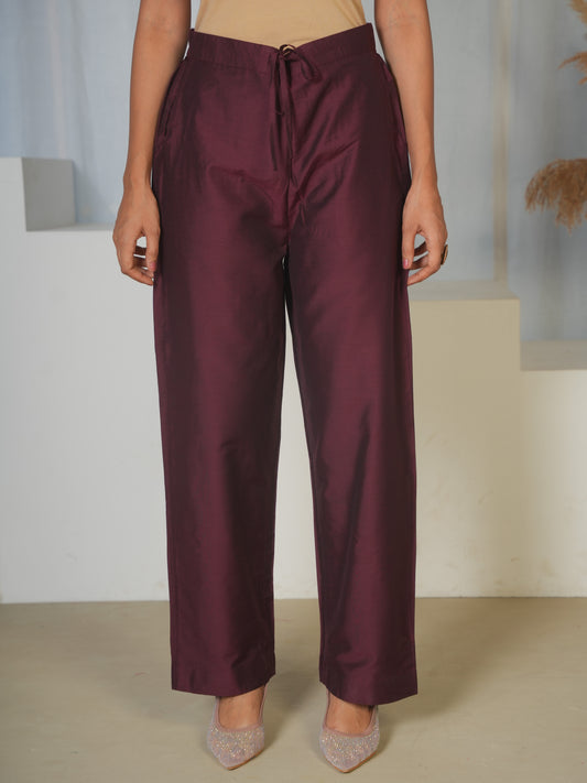 Chanderi Solid Maroon Straight Trousers