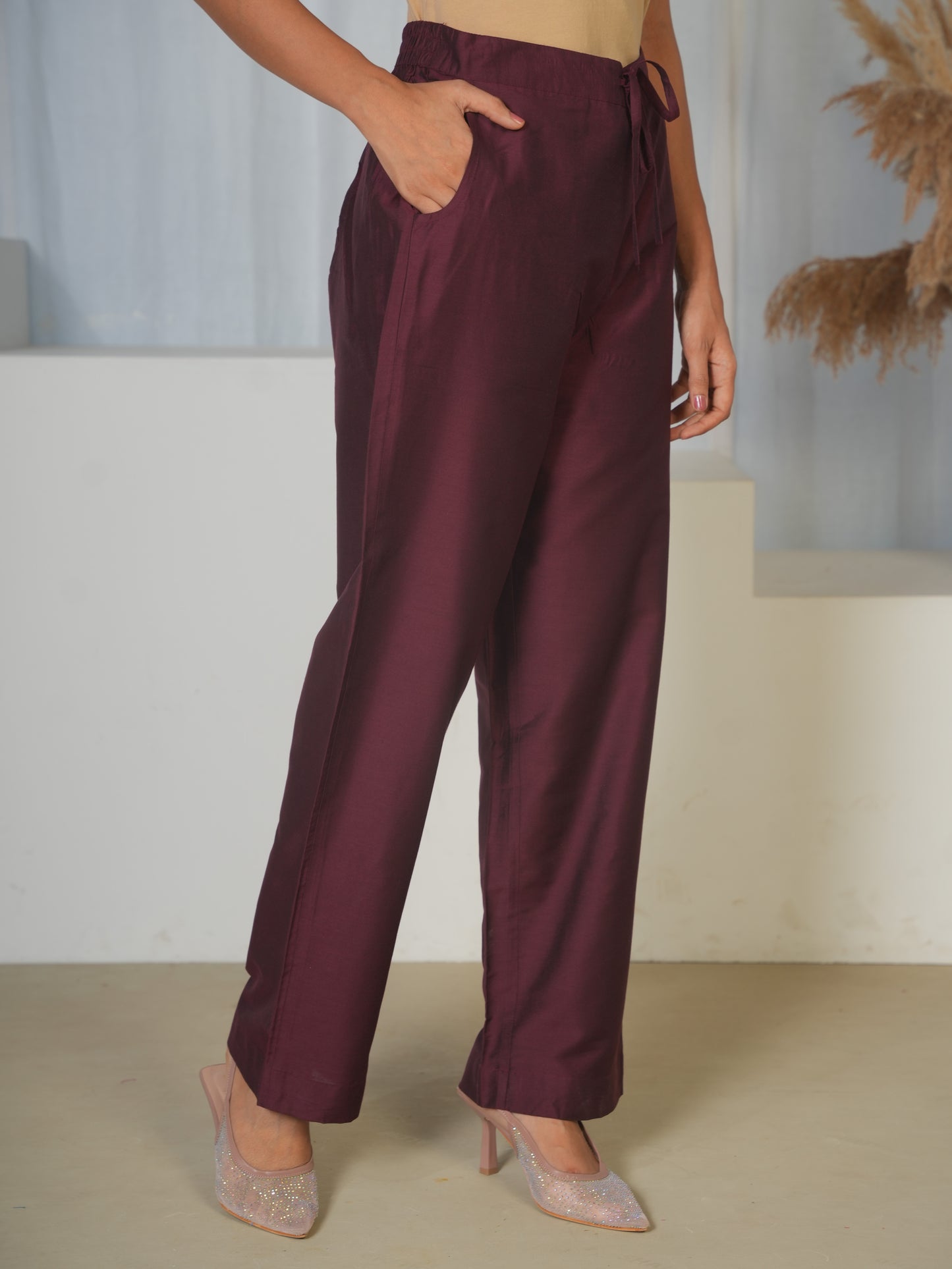 Chanderi Solid Maroon Straight Trousers