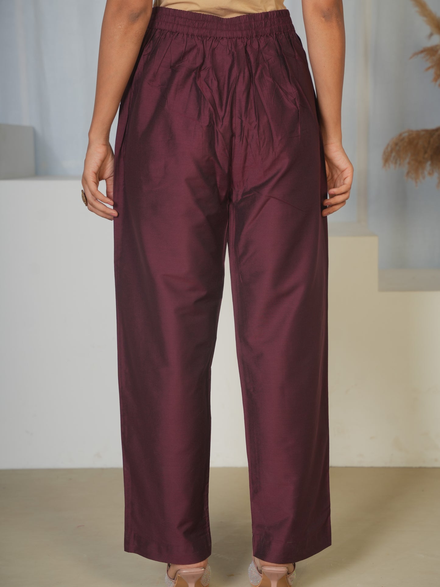 Chanderi Solid Maroon Straight Trousers