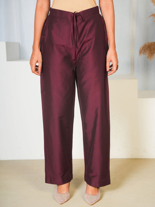 Chanderi Solid Maroon Straight Trousers