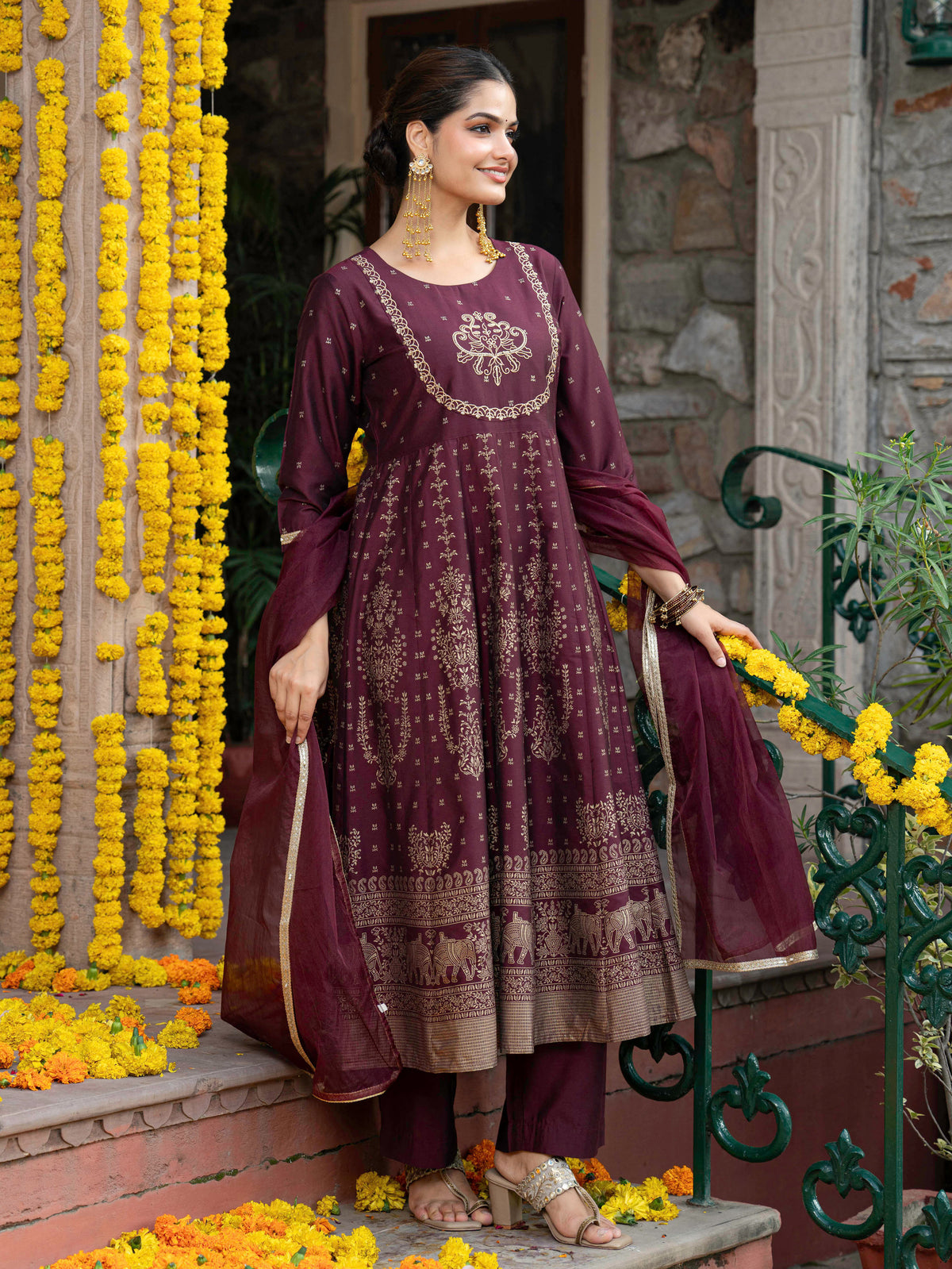 Embroidered Chanderi Gold foil Anarkali Maroon Kurta