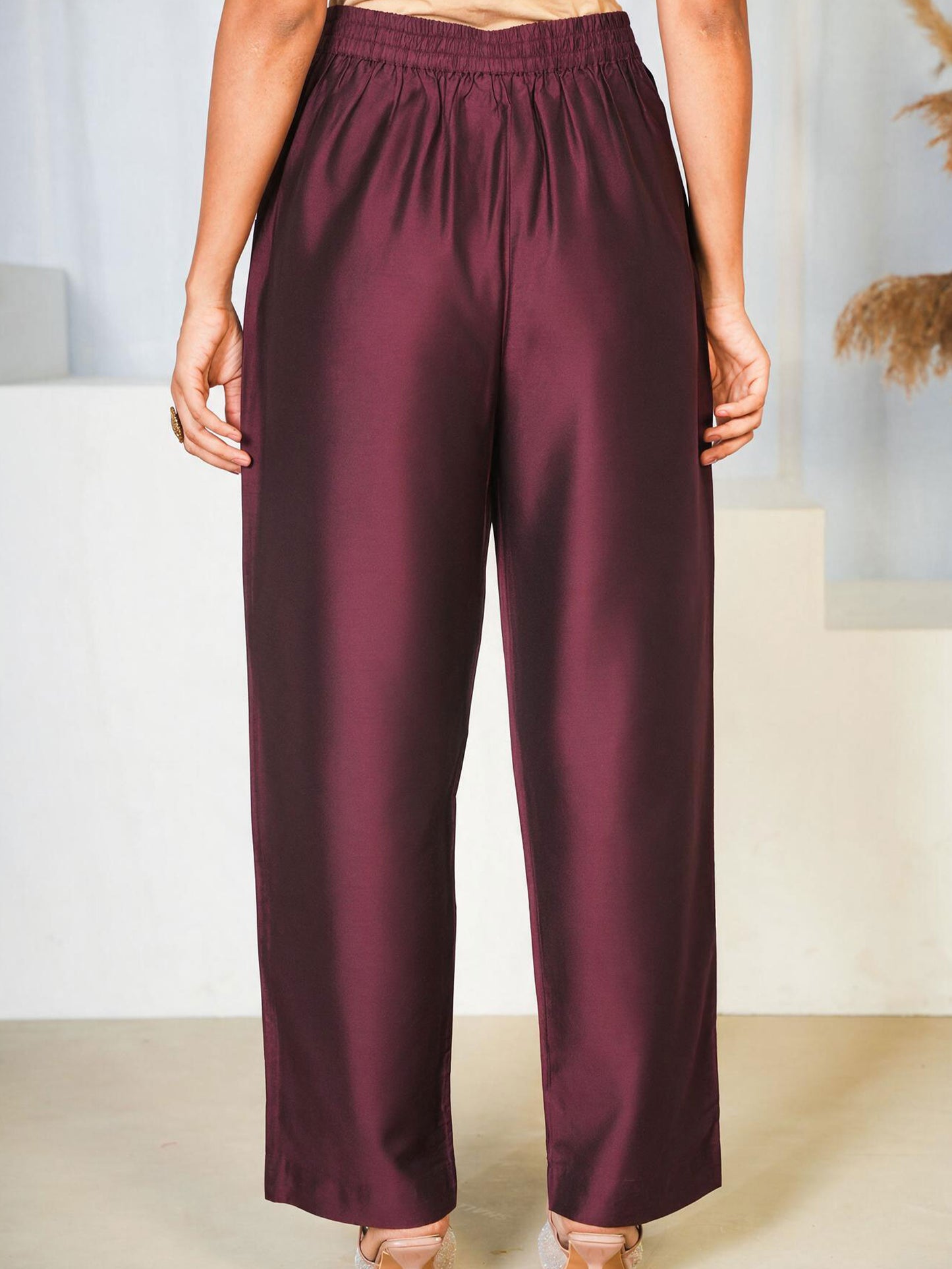 Chanderi Solid Maroon Straight Trousers