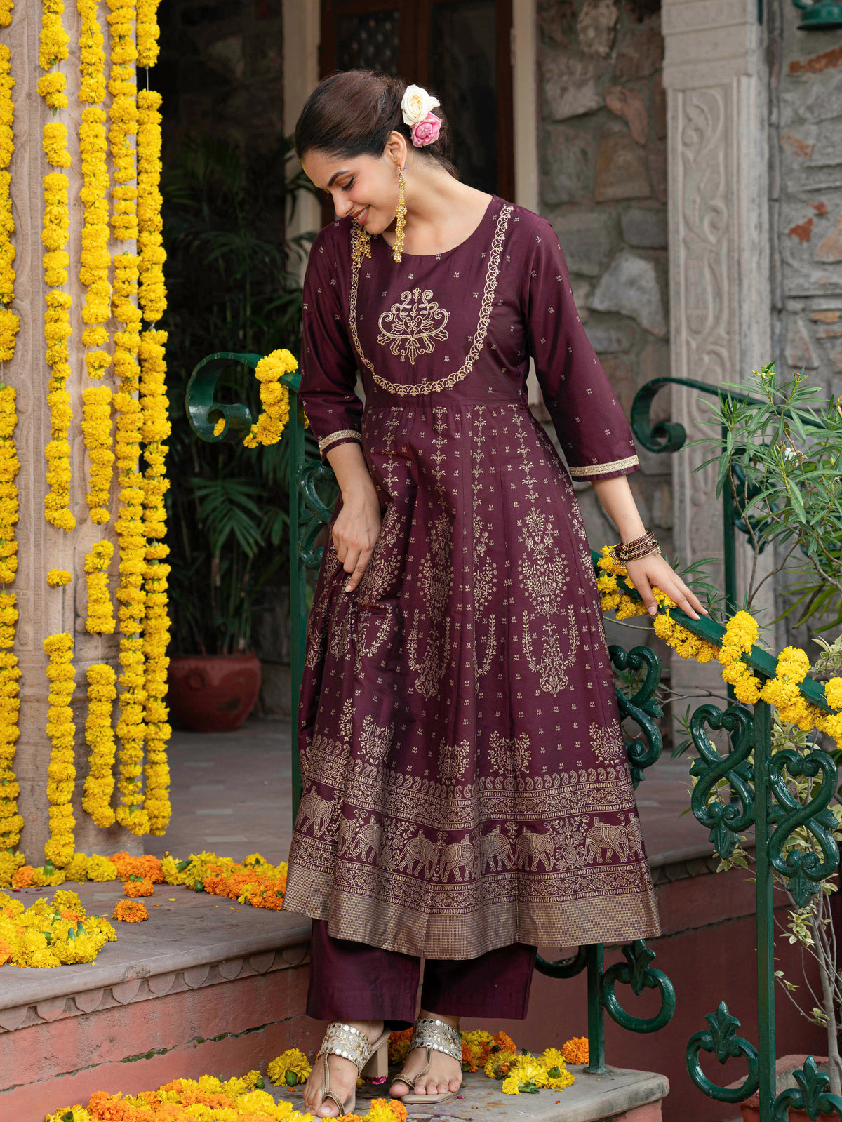 Embroidered Chanderi Gold foil Anarkali Maroon Kurta
