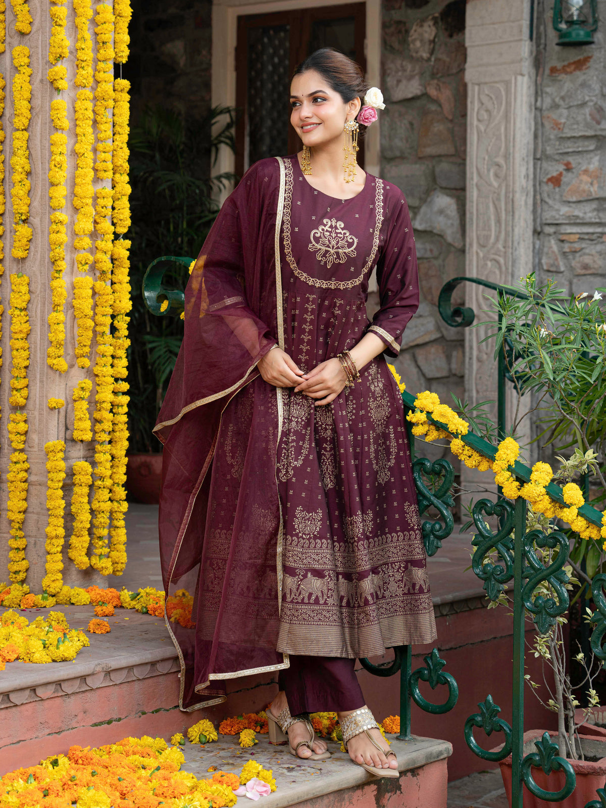 Embroidered Chanderi Gold foil Anarkali Maroon Kurta