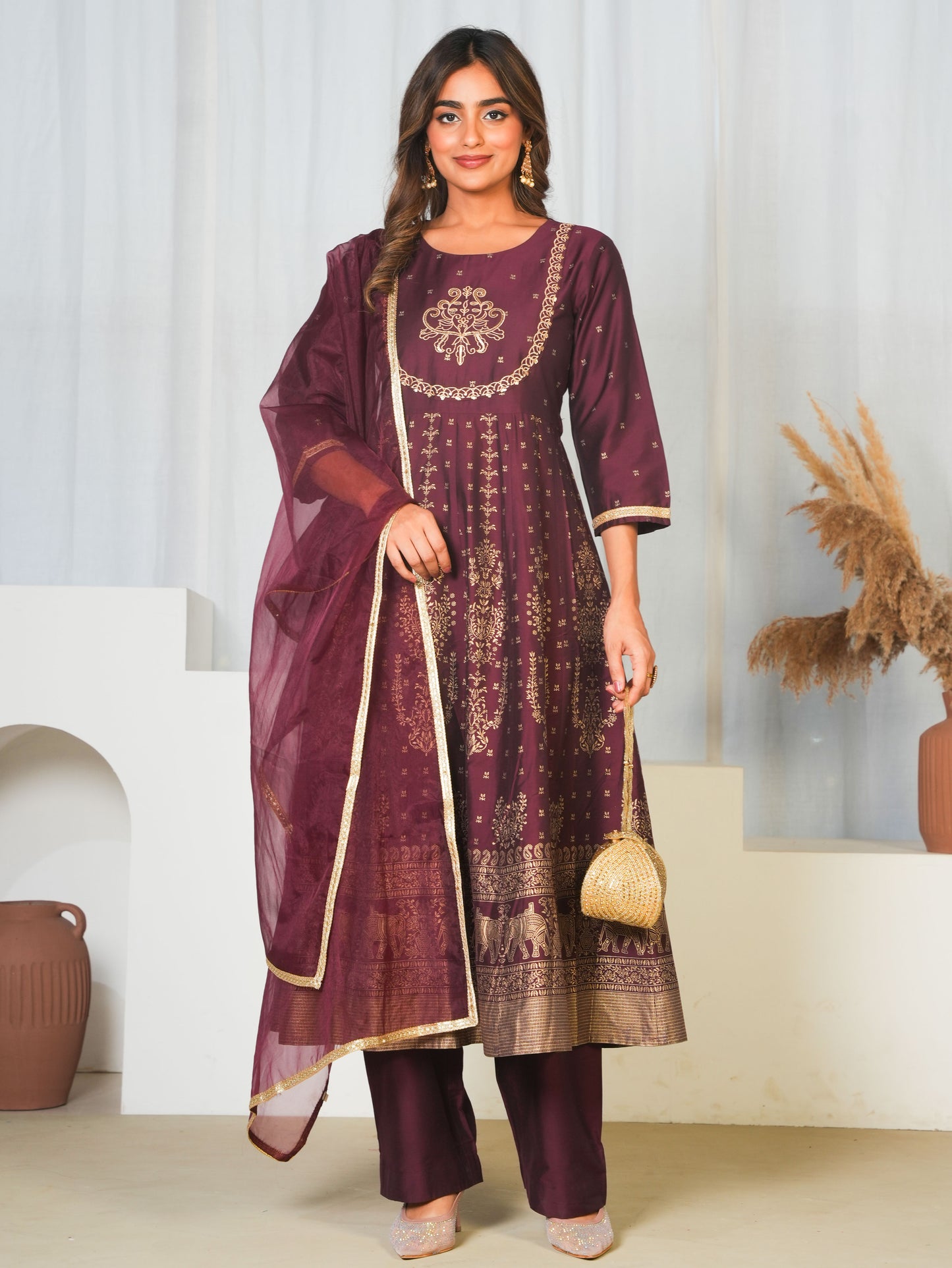 Embroidered Chanderi Gold foil Anarkali Maroon Kurta