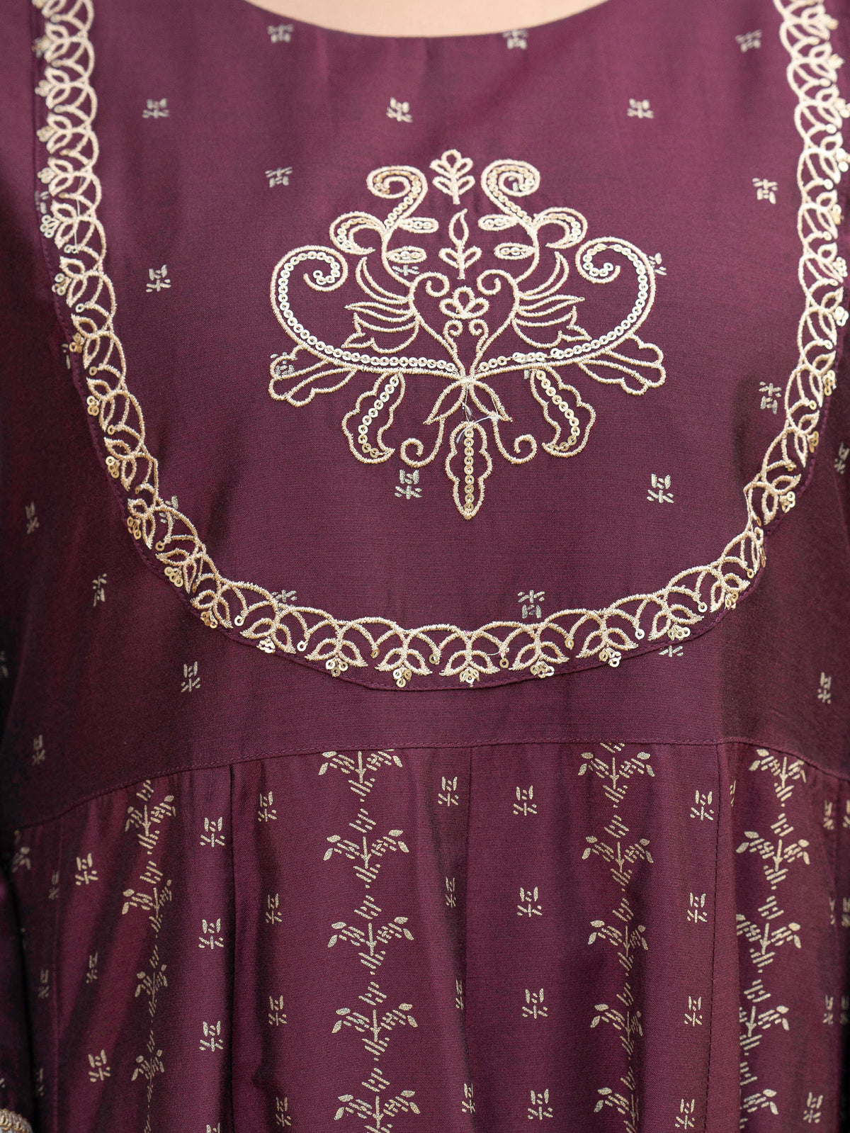 Embroidered Chanderi Gold foil Anarkali Maroon Kurta
