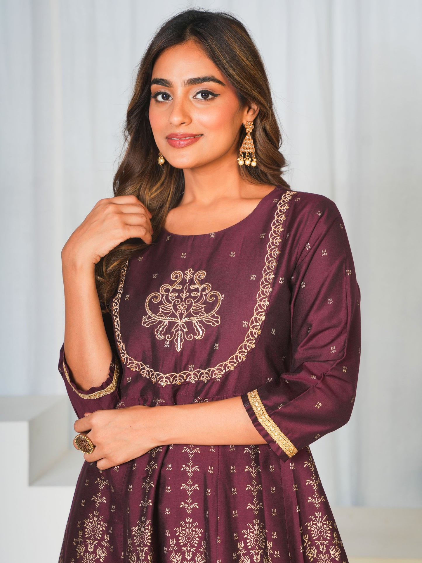Embroidered Chanderi Gold foil Anarkali Maroon Kurta