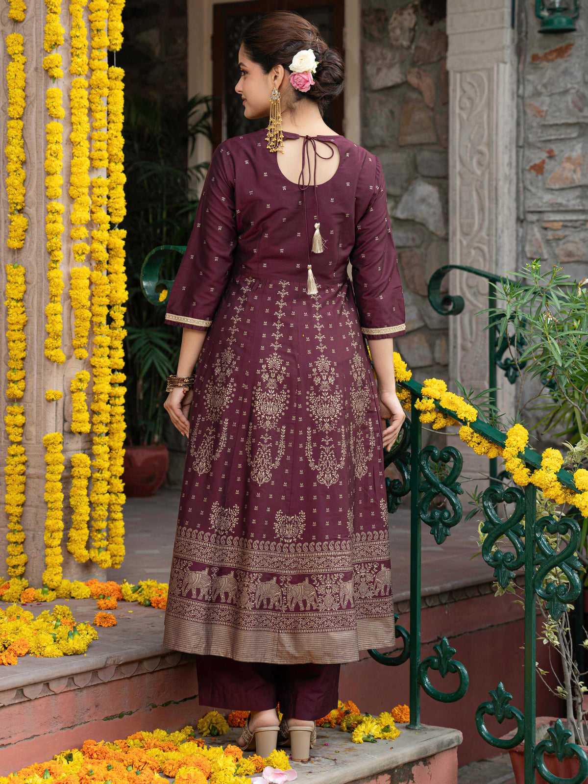 Embroidered Chanderi Gold foil Anarkali Maroon Kurta