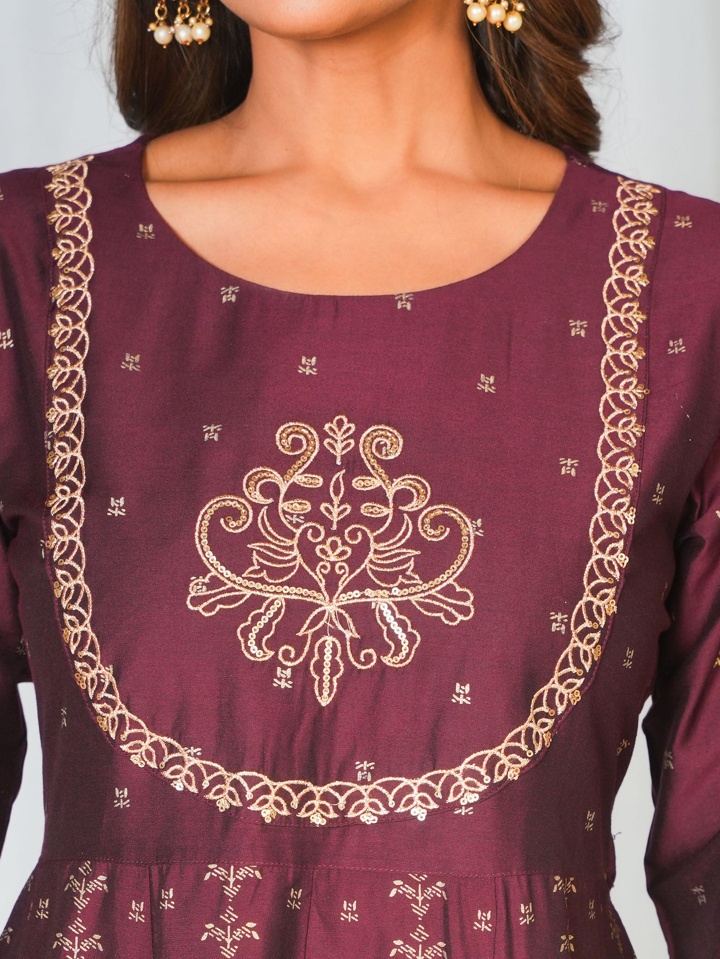 Embroidered Chanderi Gold foil Anarkali Maroon Kurta