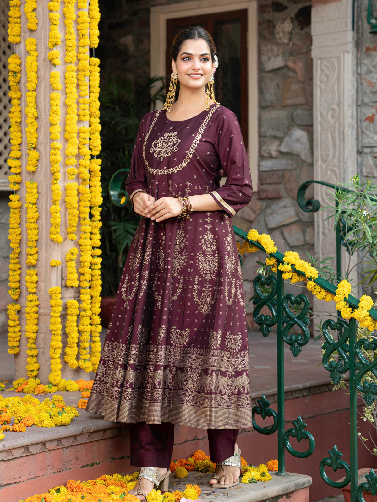 Embroidered Chanderi Gold foil Anarkali Maroon Kurta