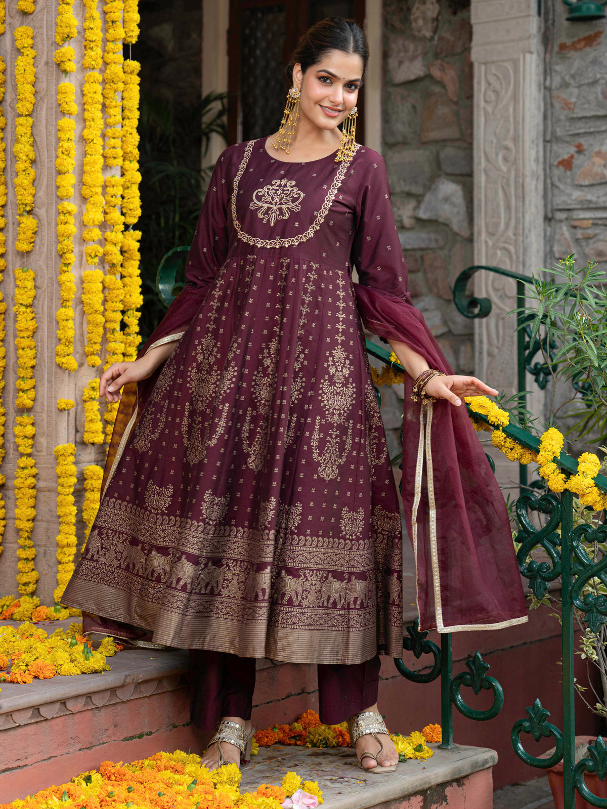 Embroidered Chanderi Gold foil Anarkali Maroon Kurta