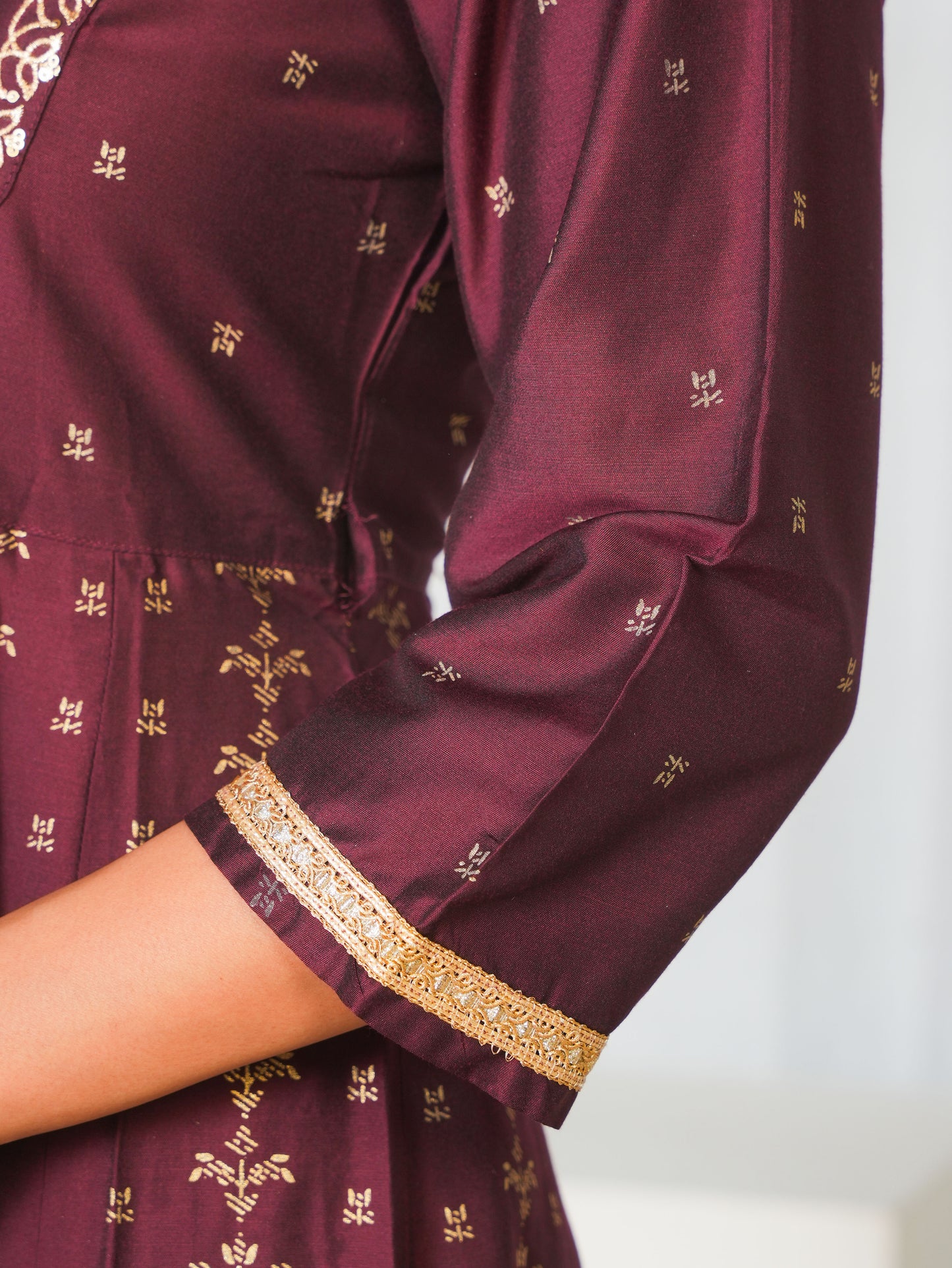 Embroidered Chanderi Gold foil Anarkali Maroon Kurta