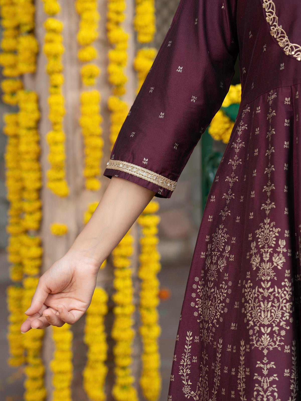 Embroidered Chanderi Gold foil Anarkali Maroon Kurta
