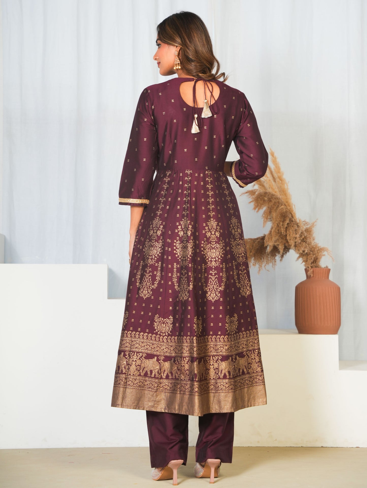 Embroidered Chanderi Gold foil Anarkali Maroon Kurta