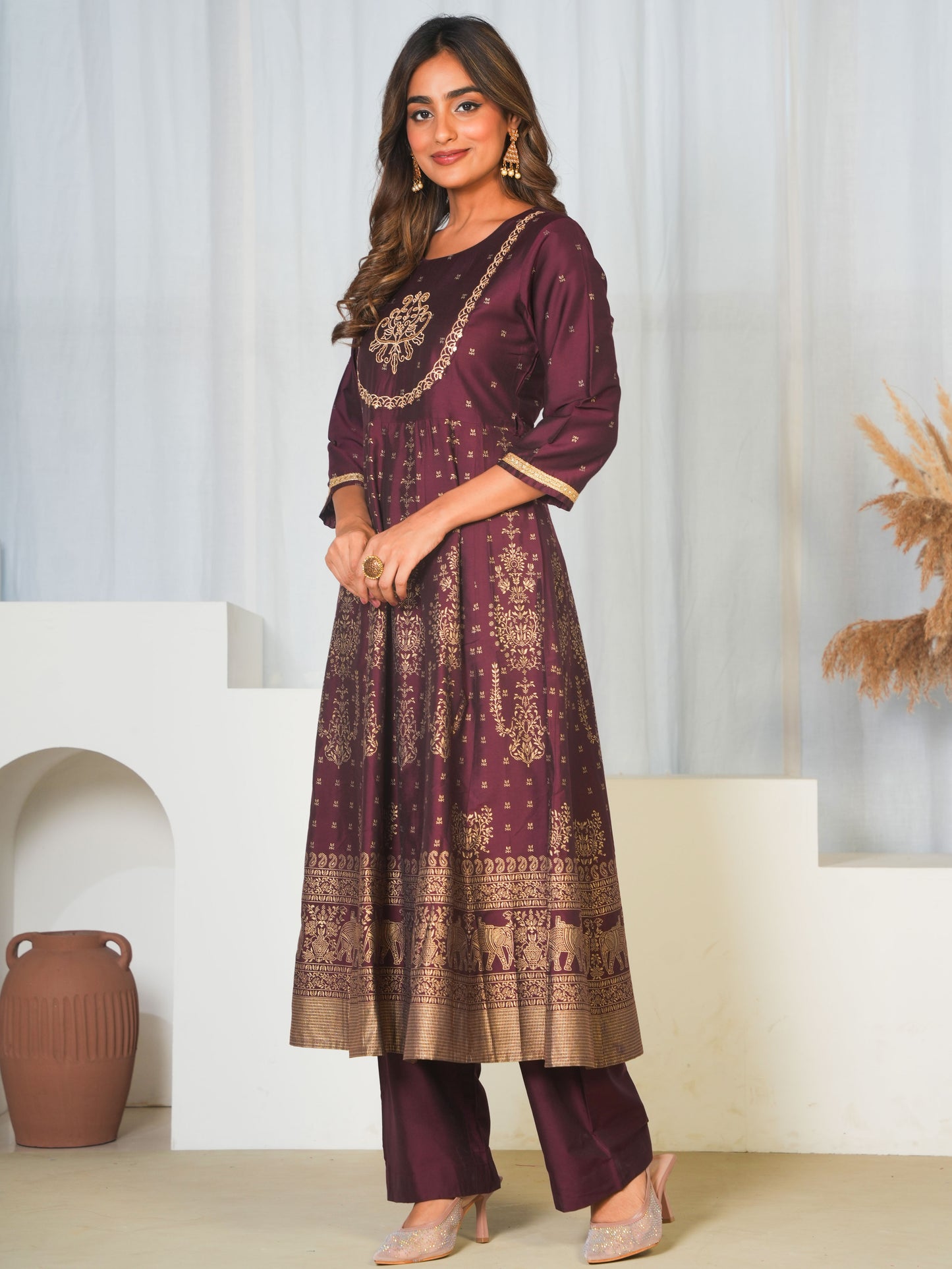 Embroidered Chanderi Gold foil Anarkali Maroon Kurta