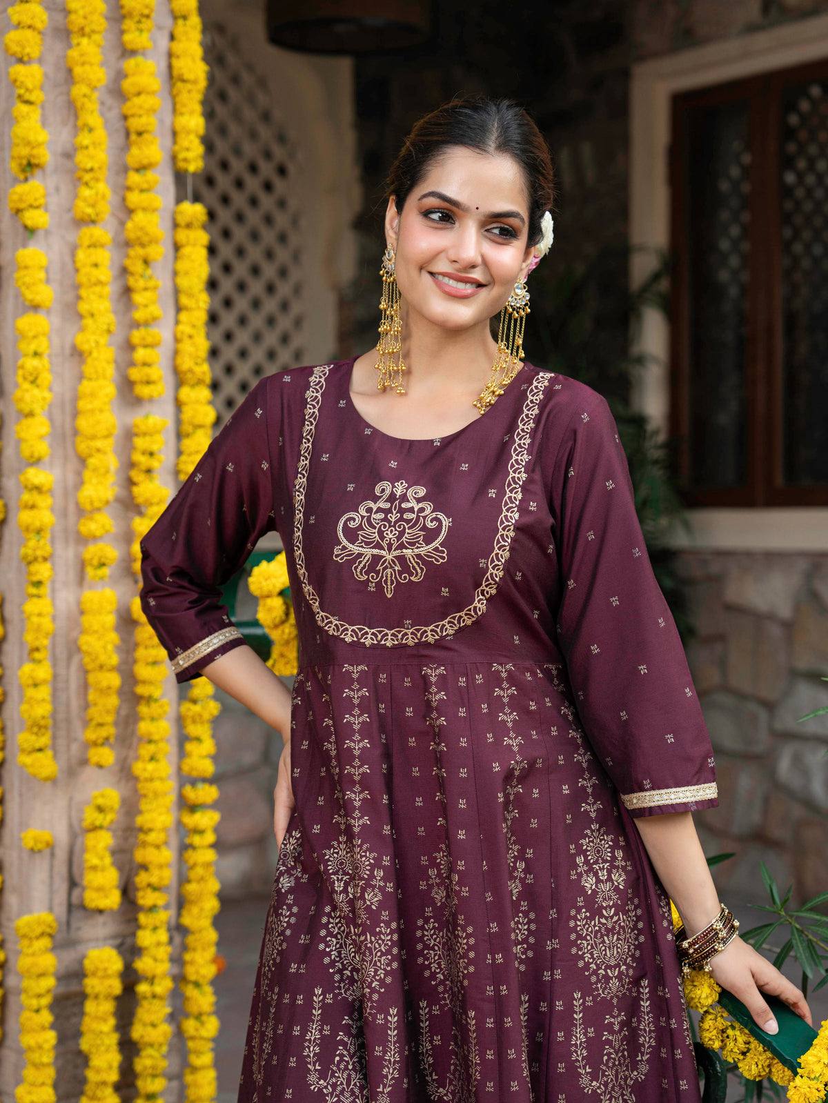 Embroidered Chanderi Gold foil Anarkali Maroon Kurta